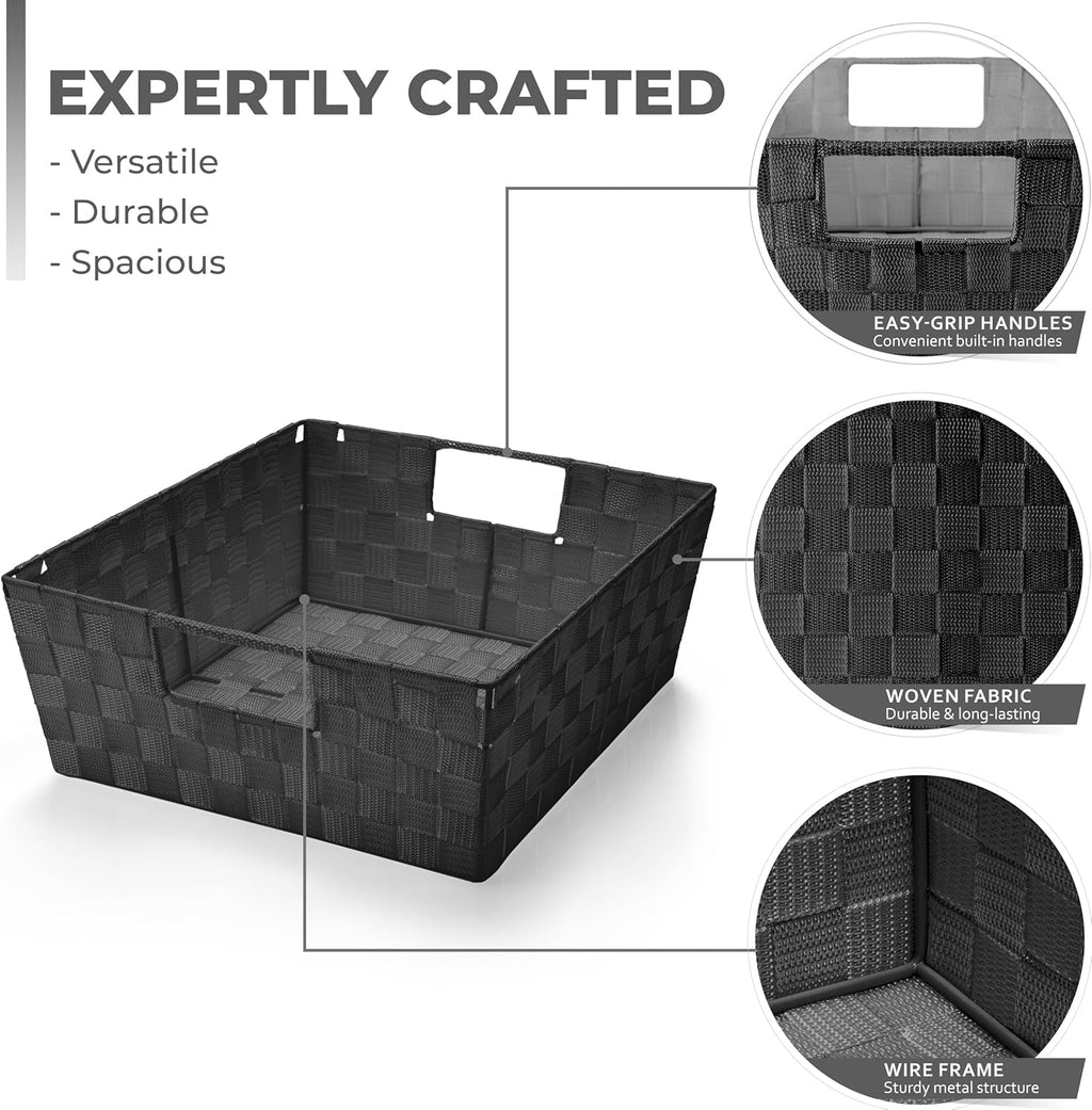 Sorbus Set of 3 Large Woven Storage Baskets – Mesh Hand-Woven Baskets for Organizing, Fabric Storage Bins for Linen Closet Organizer, Storage Baskets for Shelves and Home Organization (Black)
