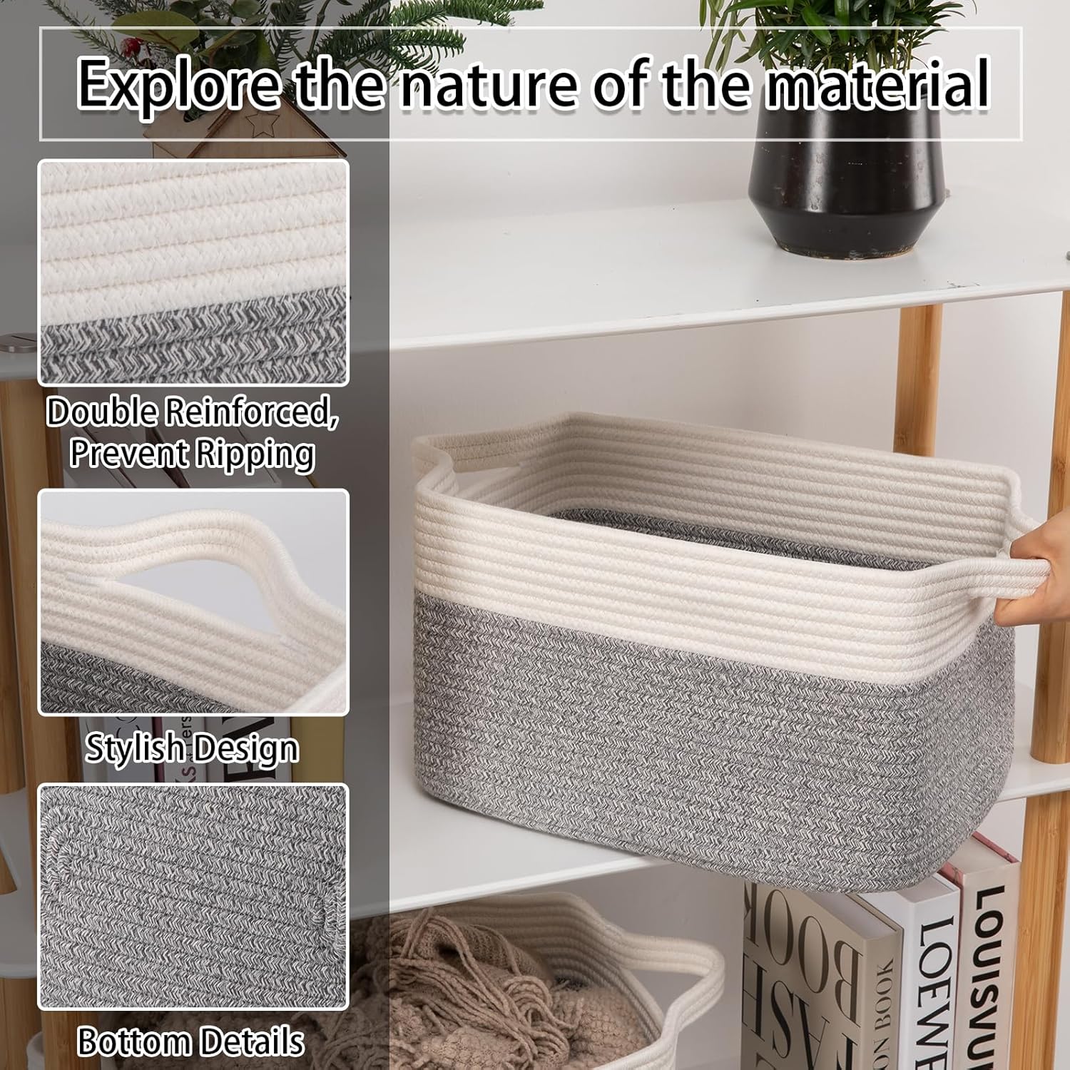 OIAHOMY 3 Pack Storage Basket for Organizing, 13''X9.85''X8.7'' Storage Bins,Woven Basket Basket with Handles, Toy Storage Basket Bin,Stylish Room Decor Basket, White & Grey variegated