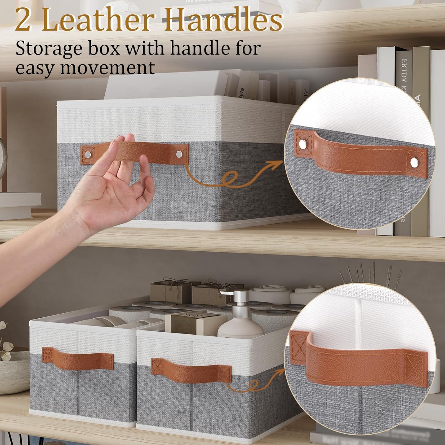 OUTBROS Storage Bins, Foldable Storage Baskets for Organizing,Fabric Storage Boxes With Handles,For bedrooms, living rooms, Shelves,Gray/White,16.1x6.5x9.8in,6-Pack