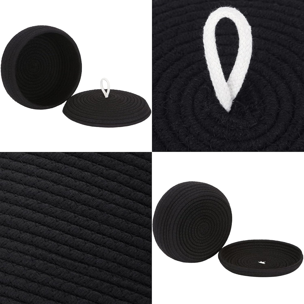 Sea Team Round Cotton Rope Storage Basket with Lid, Decorative Woven Storage Bin, Pot, Caddy, Organizer, Container for Snacks, Towels, Plants, 10 x 4.5 Inches (Small, Shallow, Black)
