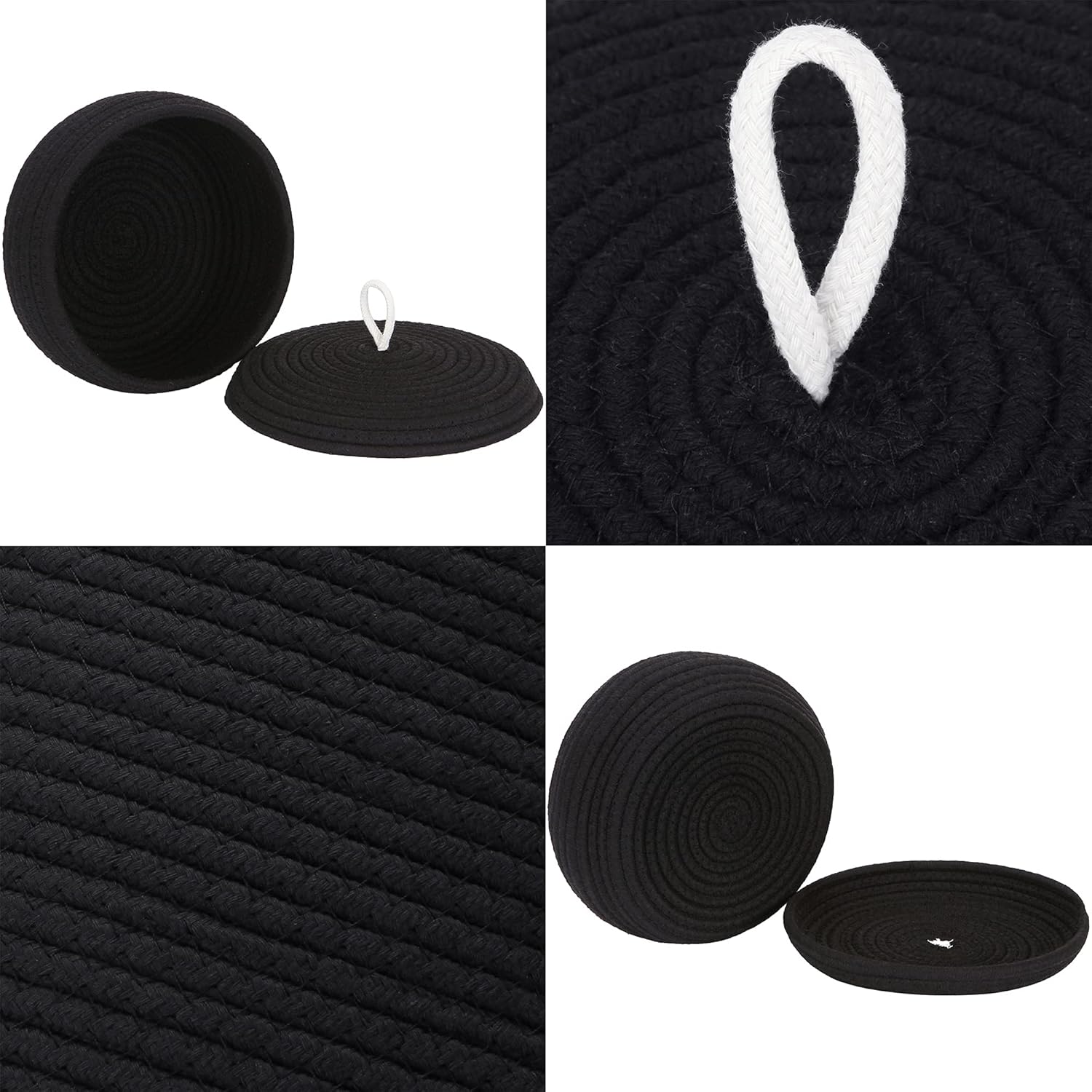 Sea Team Round Cotton Rope Storage Basket with Lid, Decorative Woven Storage Bin, Pot, Caddy, Organizer, Container for Snacks, Towels, Plants, 10 x 4.5 Inches (Small, Shallow, Black)