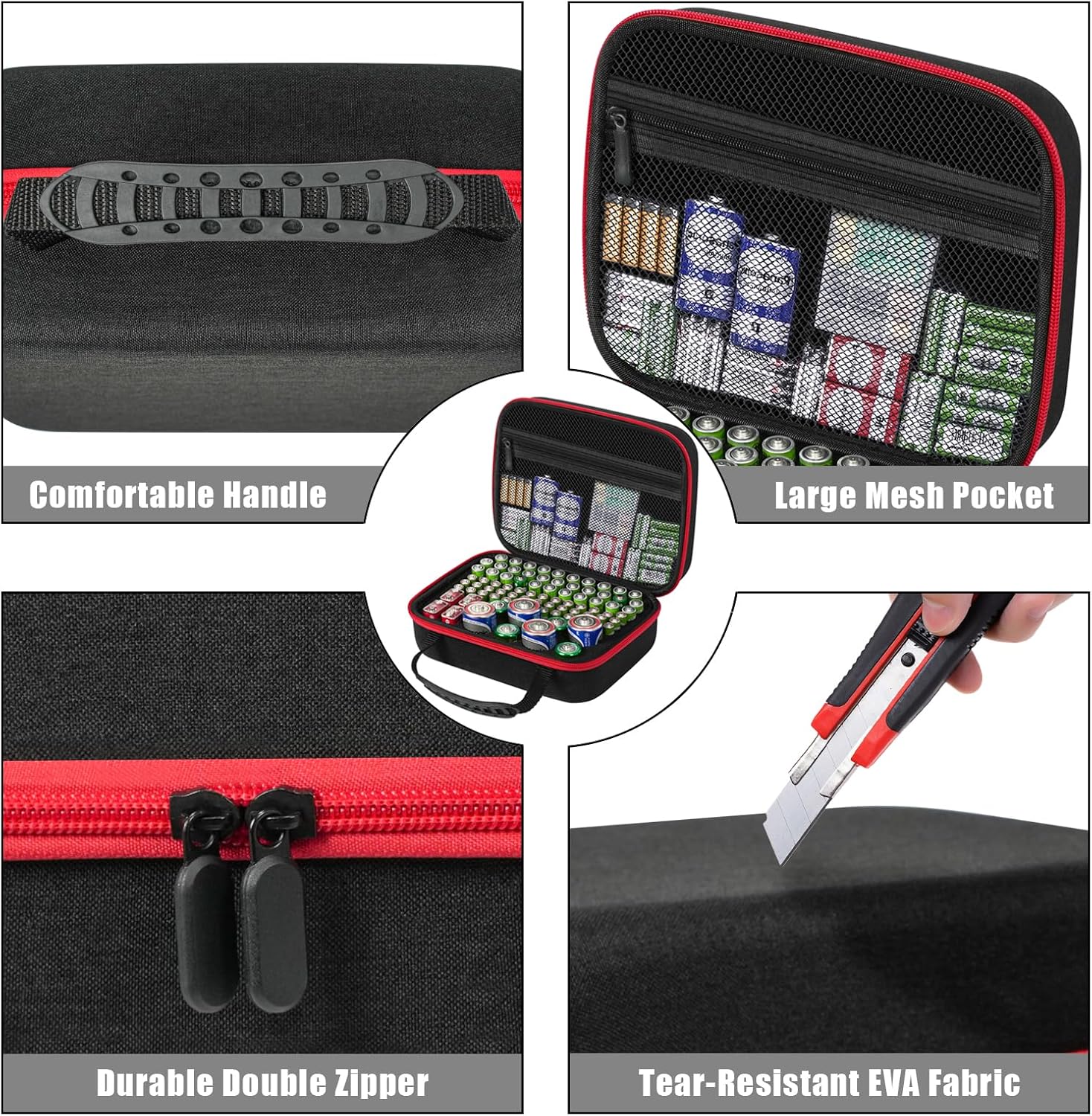 Battery Organizer Storage Case, Large Waterproof Carrying Bag Containers Box Holder Holds 83+ Batteries AA AAA C D 9V 3V - with Battery Tester BT-168, Black&Red (Case Only)