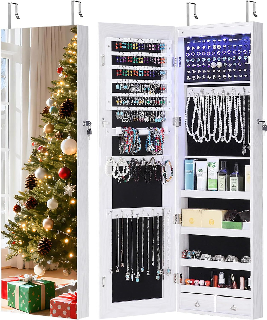 GISSAR Full Length Mirror Jewelry Cabinet, 6 LEDs Jewelry Armoire Wall Mounted Over The Door Hanging, Jewelry Organizer Storage with Lights Lockable White
