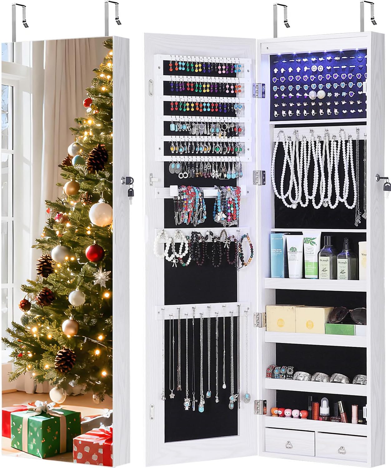 GISSAR Full Length Mirror Jewelry Cabinet, 6 LEDs Jewelry Armoire Wall Mounted Over The Door Hanging, Jewelry Organizer Storage with Lights Lockable White