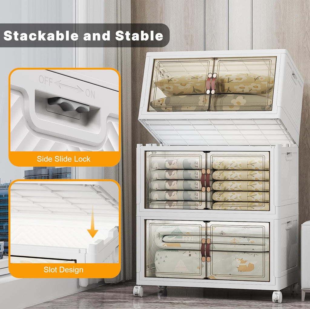 Extra Large Stackable Storage Bins with Lids & Wheels & Door, 480QT-160QT/40GAL*3Pack Foldable Collapsible Closet Organizers, Plastic containers drawers for bedroom Dorm