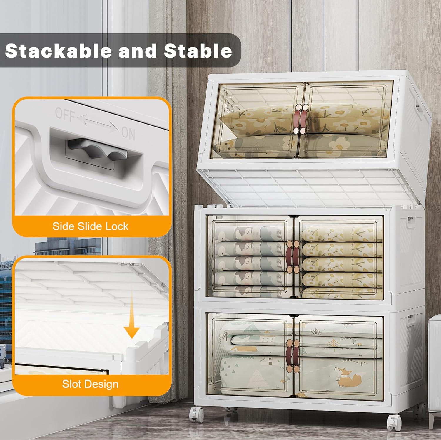 Extra Large Stackable Storage Bins with Lids & Wheels & Door, 672QT-112QT/28GAL*6Pack Foldable Collapsible Closet Organizers, Plastic containers drawers for bedroom Dorm