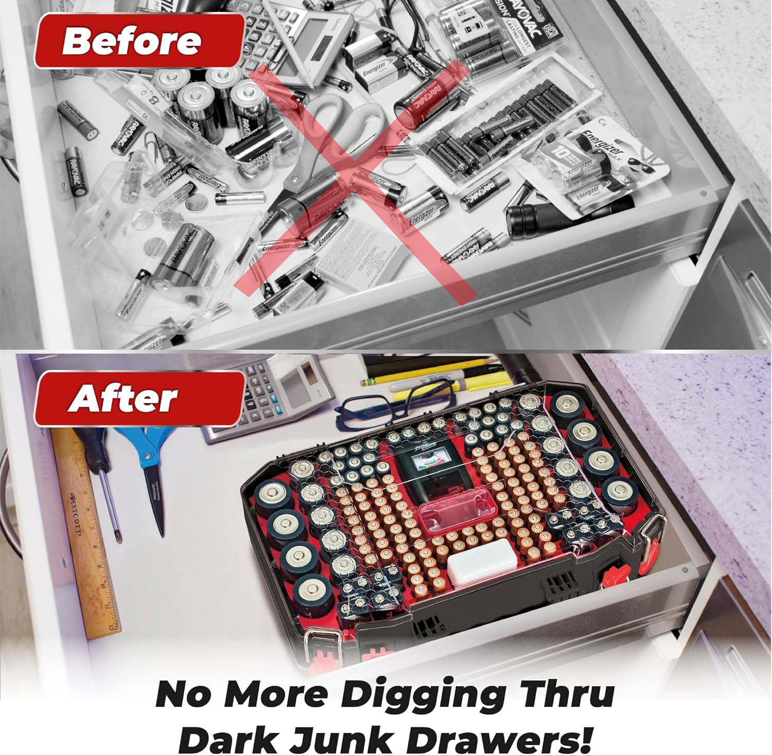 Ontel Battery Daddy Storage & Organizer Case with Light and Tester, Stores & Protects Over 200 Batteries, Double-Sided, Durable Design with Clear Locking Lid, Secure Latches & Portable Carrying Handle