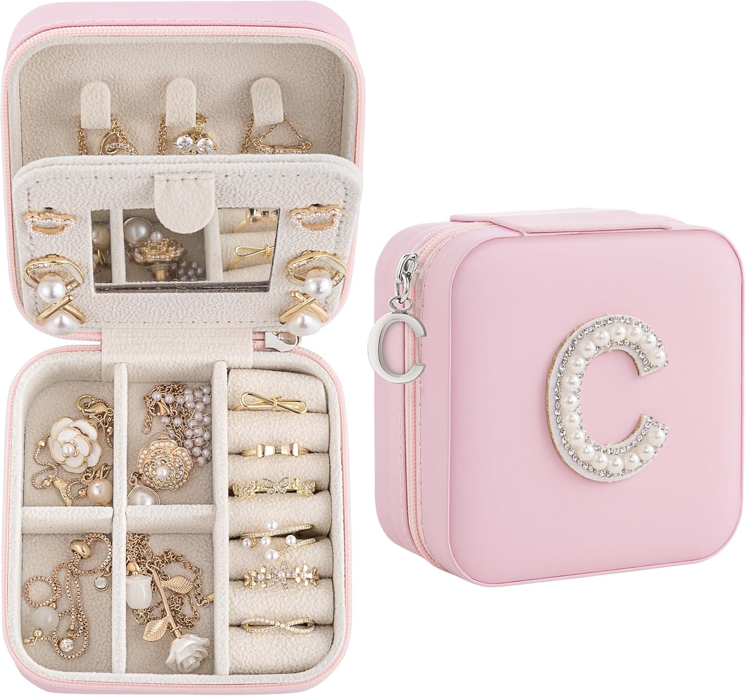 Initial Jewelry Box, Travel Jewelry Case, Gift for Women, Girls, Pink, Classic Style