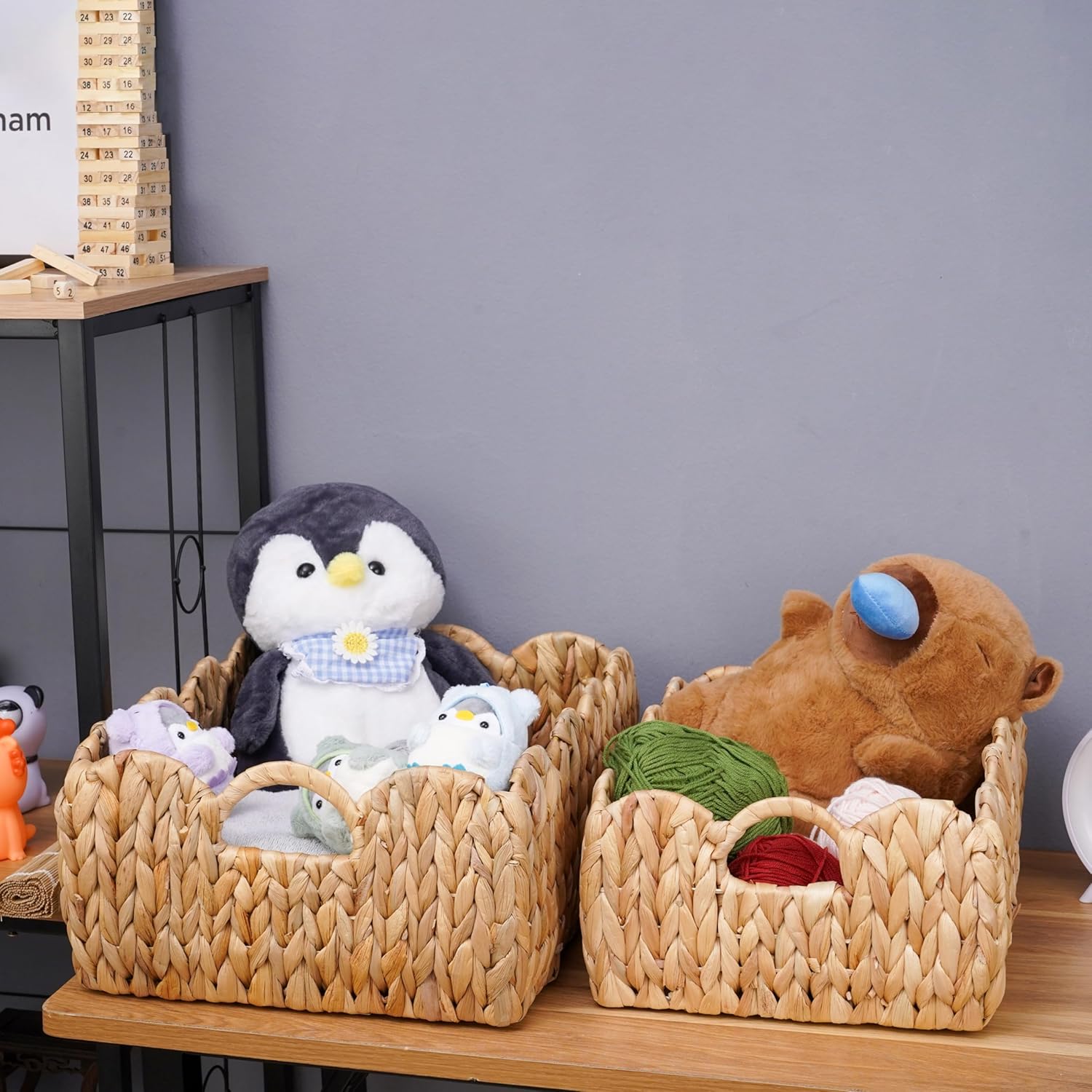 Set of 2 Scalloped Edge Wicker Storage Basket with Built-in Handles, Rectangle Water Hyacinth Basket for Organizing, Decorative Woven Rattan Basket for Shelf, Nursery Room