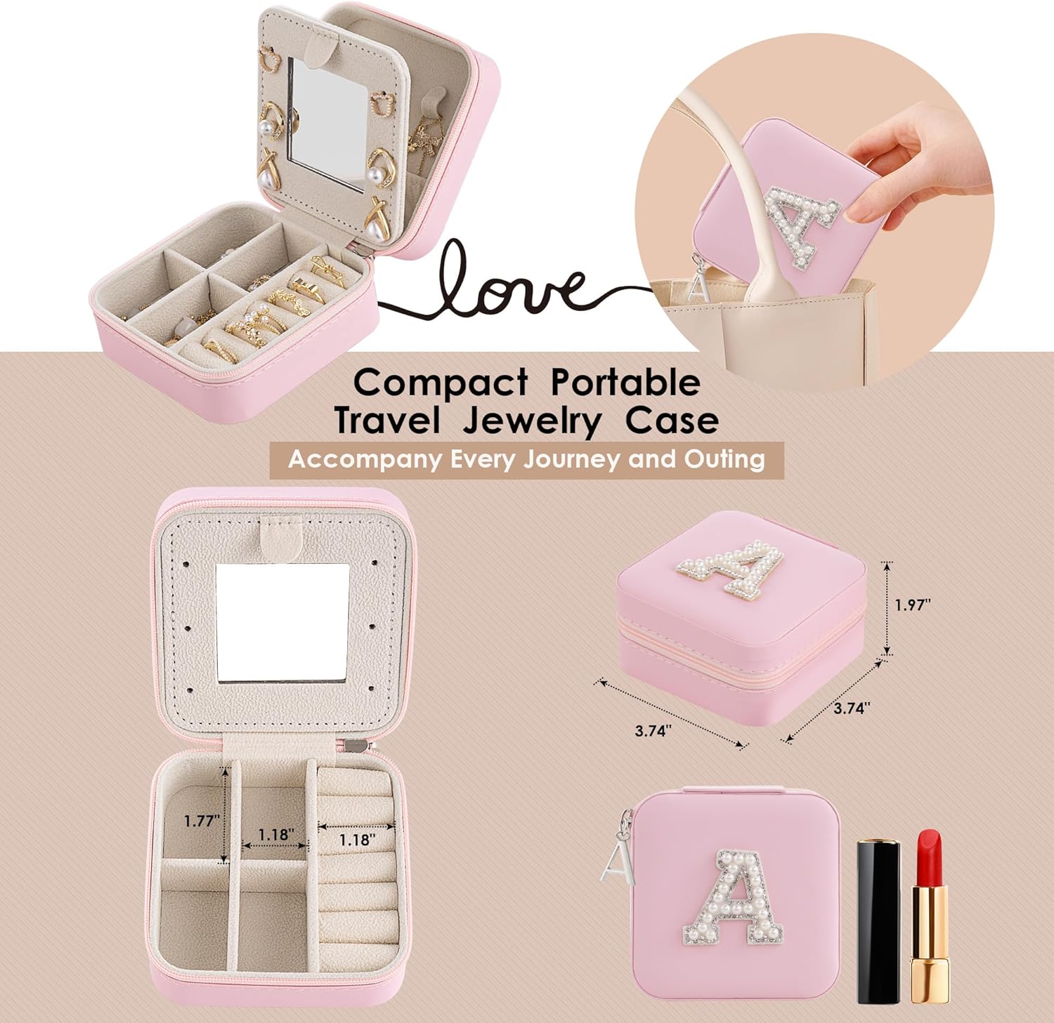 Initial Jewelry Box, Travel Jewelry Case, Gift for Women, Girls, Pink, Classic Style