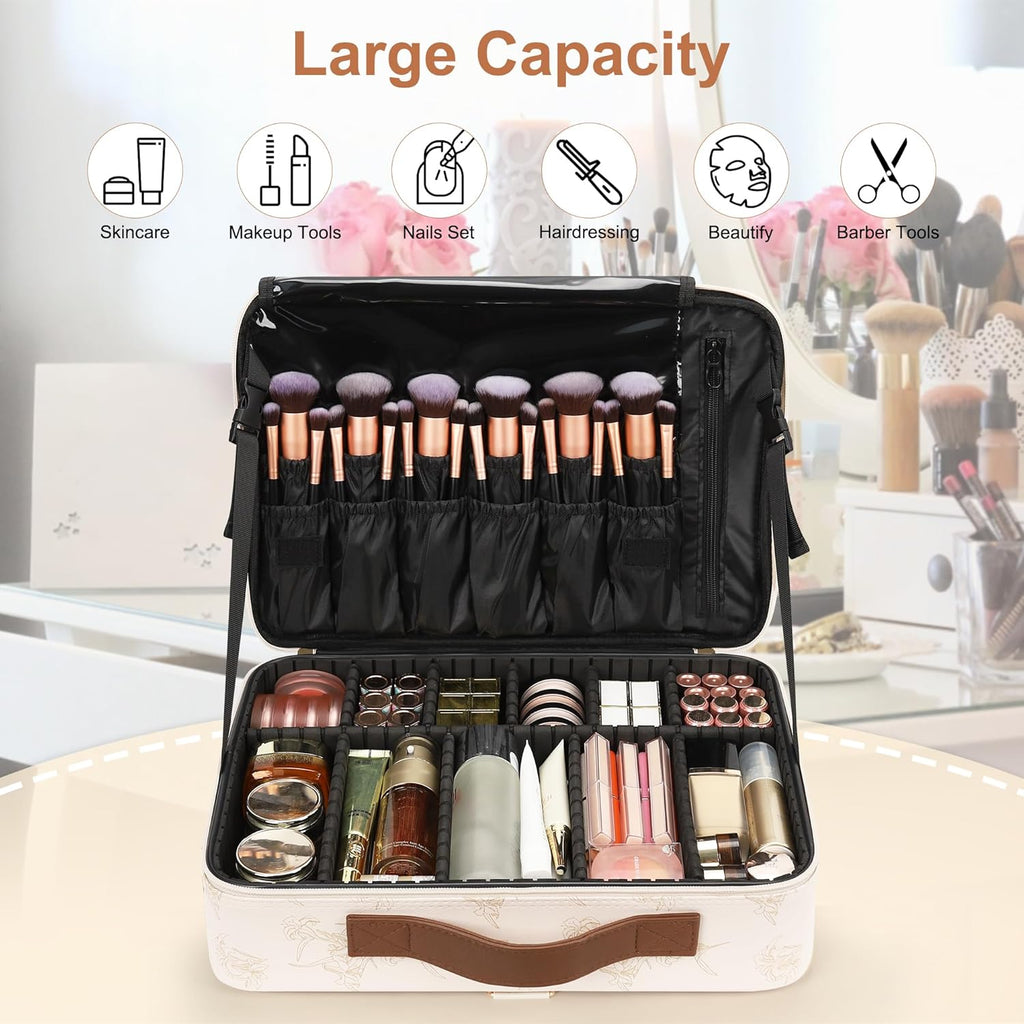Relavel Large Makeup Case, Professional Makeup Artists Bag with Adjustable Dividers, Waterproof & Portable Train Case Storage Organizer Box with Shoulder Strap