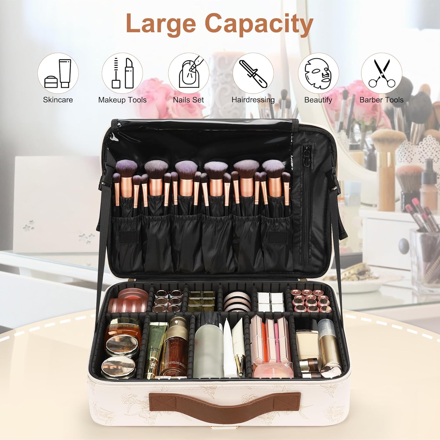 Relavel Large Makeup Case, Professional Makeup Artists Bag with Adjustable Dividers, Waterproof & Portable Train Case Storage Organizer Box with Shoulder Strap