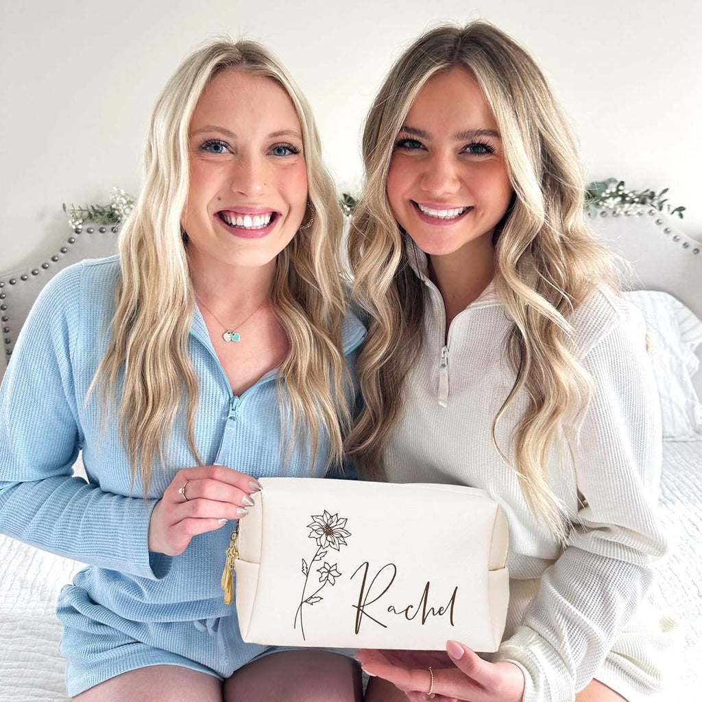 Personalized Makeup Bag with Name & Birth Flower, Custom Leather Cosmetic Bags for Women, Customized Travel Toiletry Bag Gifts for Bridesmaid Wedding