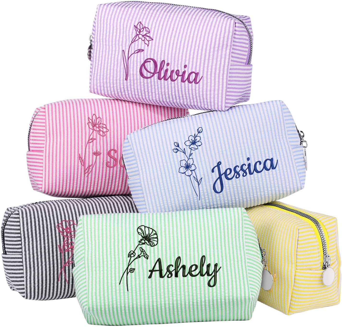 Personalized Seersucker Makeup Bag with Embroidered Name&Birth Flower,Custom Small Travel Cosmetic Bag Toiletry Bag Wedding Gifts for Bridesmaid Bride (Makeup Bag with Birth Flower)
