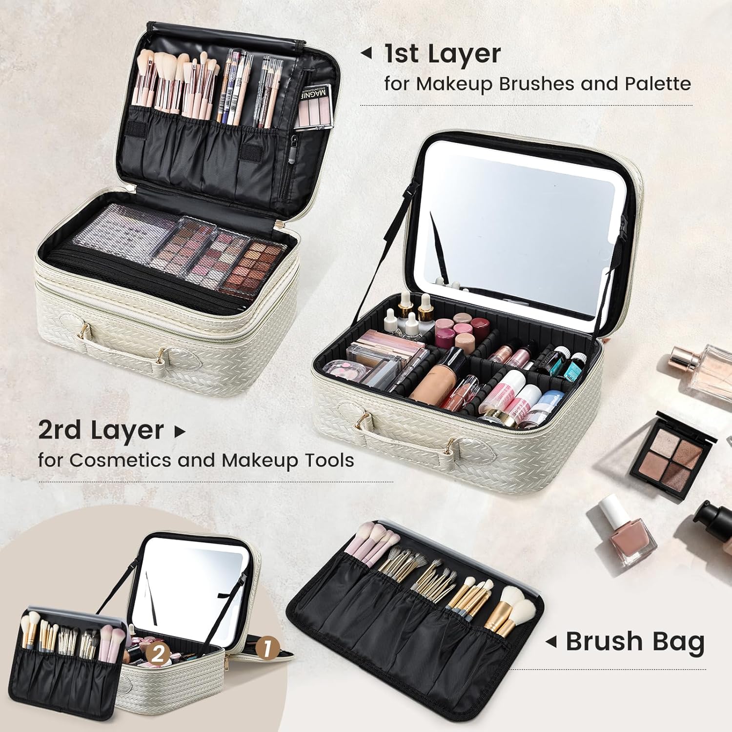 Makeup Bag with LED Lighted Mirror 12.2 IN Travel Double Layer Makeup Case Adjustable Brightness in 3 Colors Cosmetic Organizer Artist Storage with Dividers Brush Holder Vanity Beige