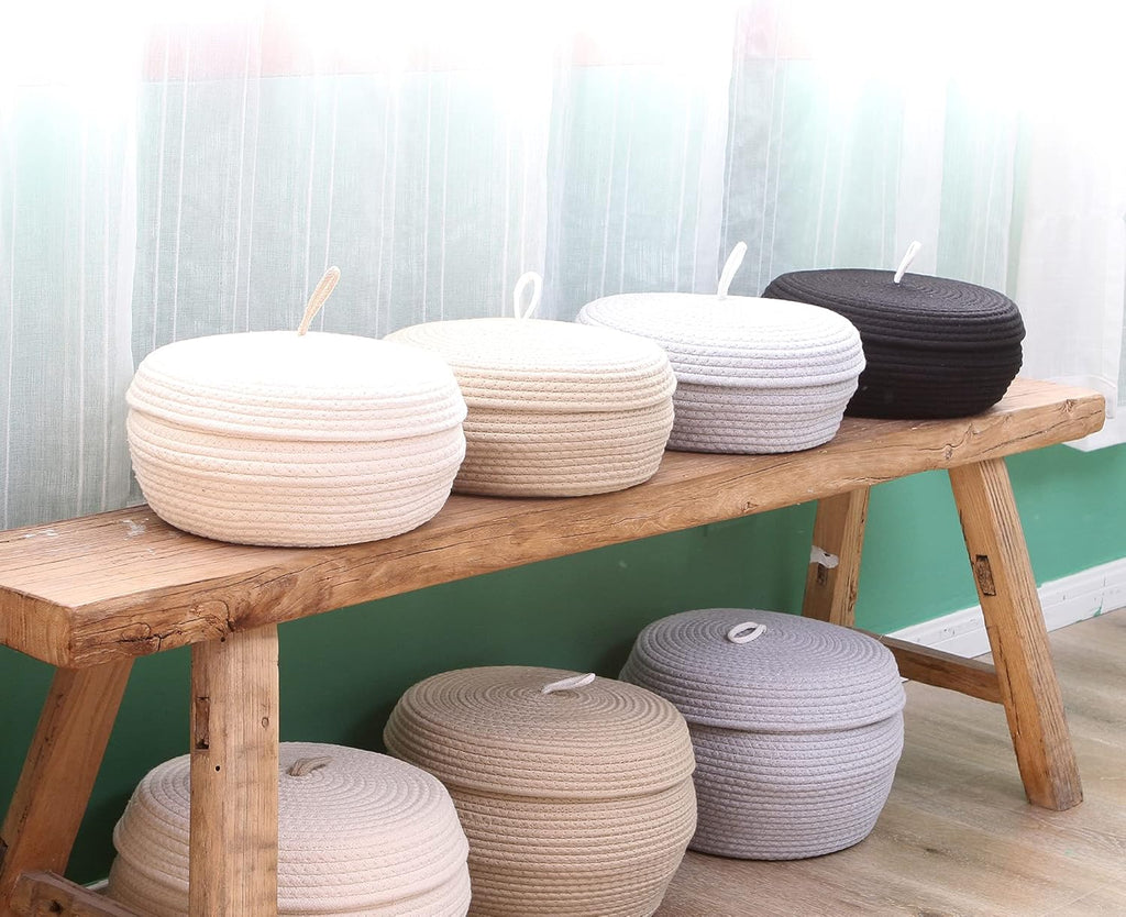 Sea Team Round Cotton Rope Storage Basket with Lid, Decorative Woven Storage Bin, Pot, Caddy, Organizer, Container for Snacks, Towels, Plants, 13 x 5.5 Inches (Large, Shallow, Cream)