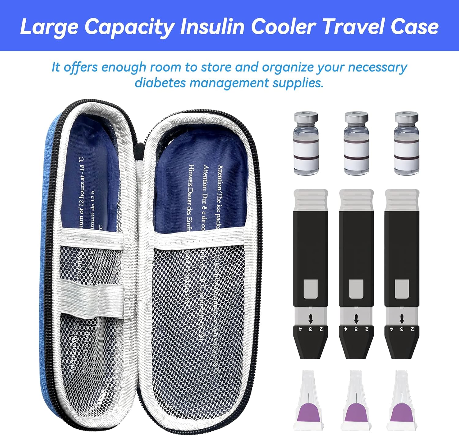Insulin Cooler Travel Case with 2 Ice Packs, Portable Medication Diabetic Cooler Organizer Bag for Daily Life and Trip Use, Blue