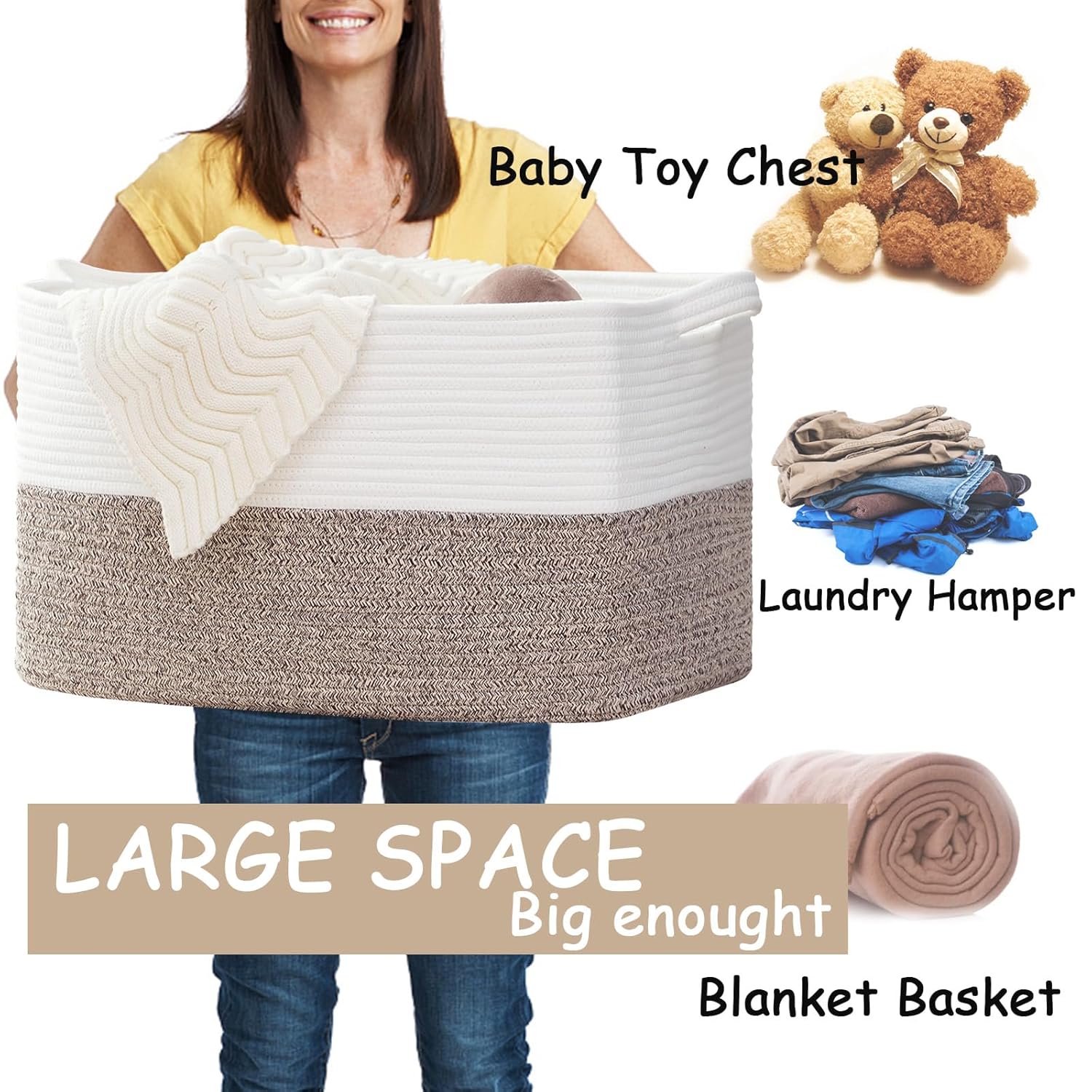 COMFY-HOMI Large Laundry for Organizing|Rectangle Cotton Rope Storage with Handles|Blanket for Living Room|Woven Laundry for Towels, Toys, Clothes-22x15x12”-White/Brown