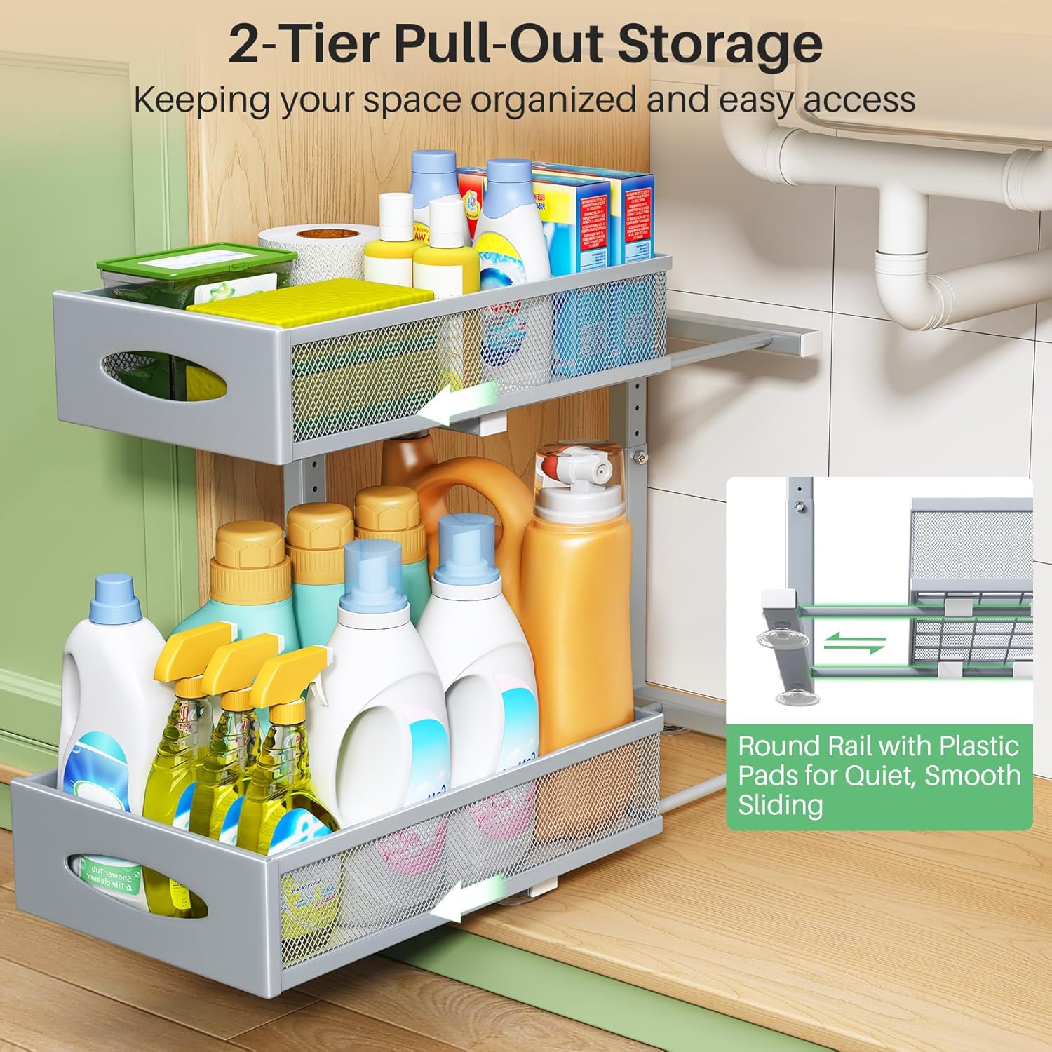 1 Pack Under Sink Organizer, 2 Tier Pull out Cabinet Organizer Mesh Baskets with 5 Adjustable Heights, Sliding Drawers Storage Shelf for Home, Kitchen, Bathroom, Pantry, Office, Countertop ,Grey