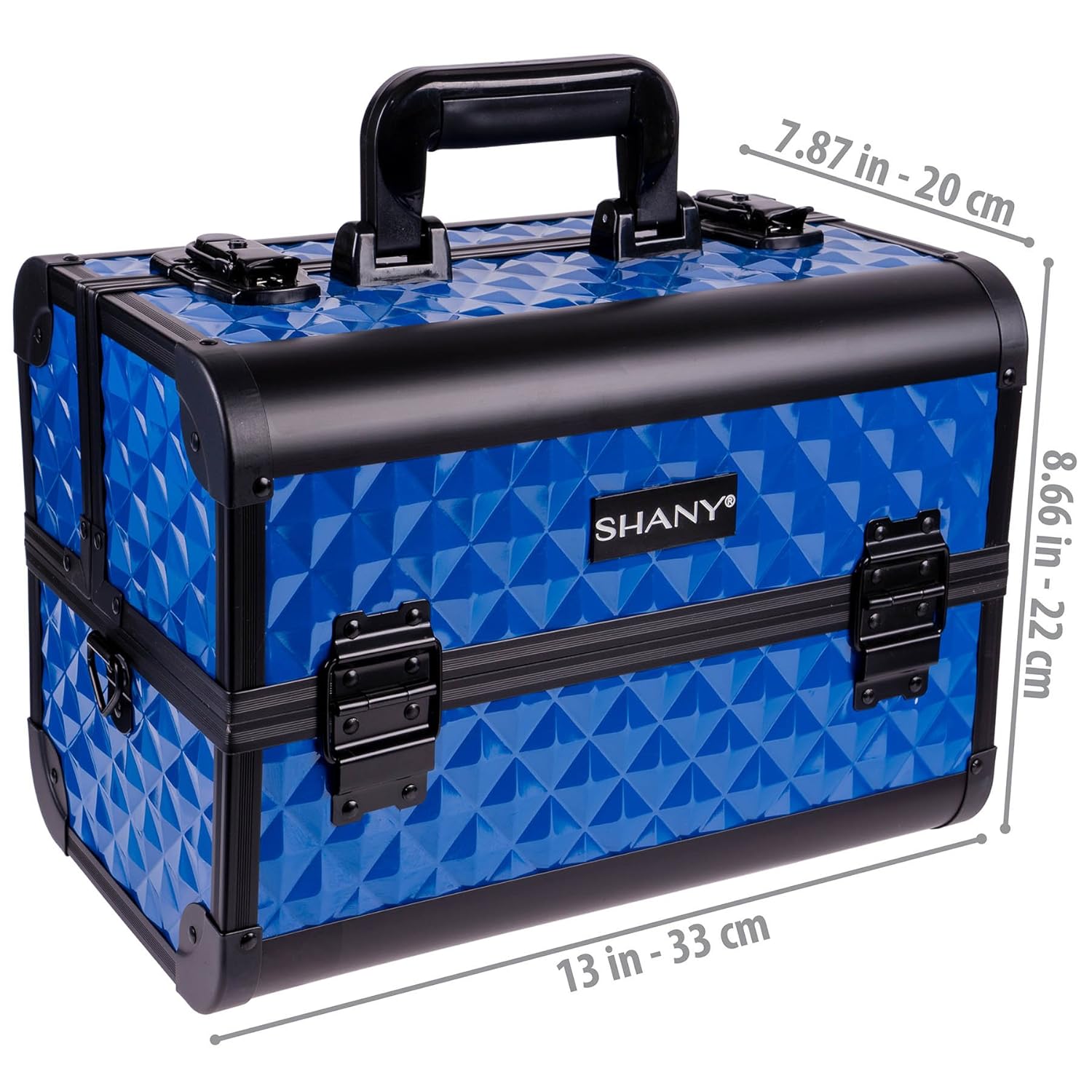 SHANY Premier Fantasy Professional Makeup Train Case Cosmetic Box Portable Makeup Case Organizer Jewelry storage with Locks, 3 Trays,Makeup Brush Holder and Cosmetics Mirror - Divine Blue