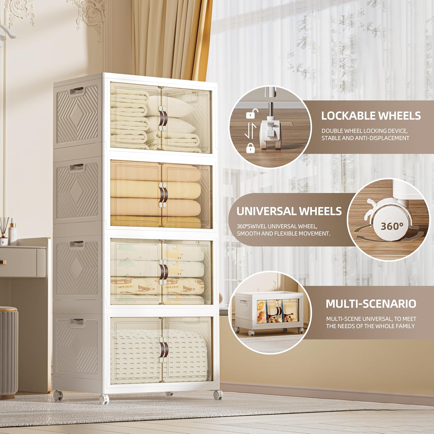 416 QT / 104 Gal Large Foldable Stackable Plastic Storage Cabinet with Double Magnetic Doors, Leather Handles & 4 Wheels - Organize Home, Office, Closet