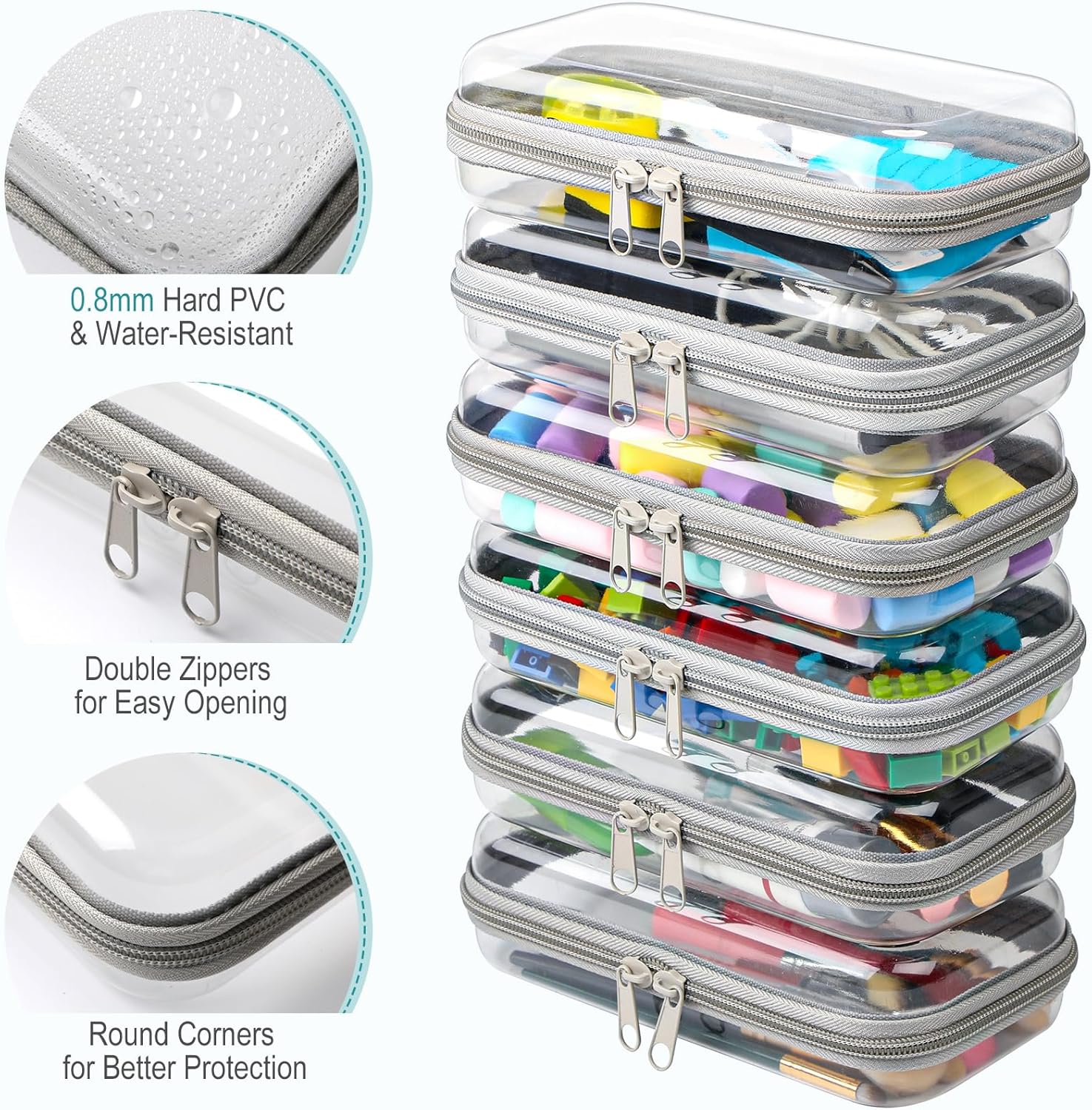 Sanwuta 6 Pcs Clear Hard Zipper Case Hard Plastic Zipper Pouches Transparent Makeup Bag Pencil Pouches for Travel Snacks Christmas Trinket Storage Organizer Box(Gray,7.48 x 3.94 x 2 Inch)
