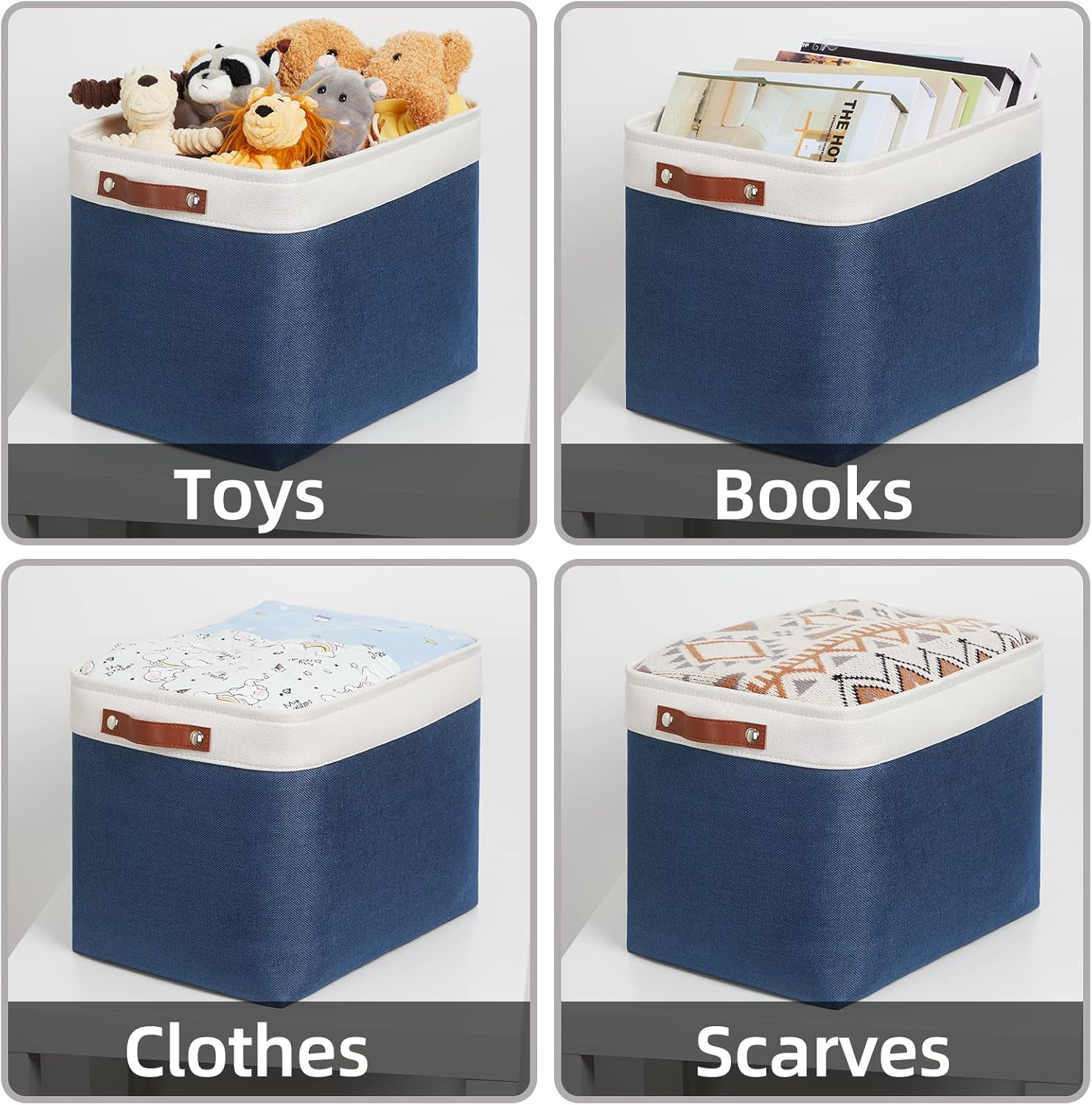 HNIZGE Large Rectangle Basket Fabric Baskets for Organizing [2 Pack] Tall Storage Basket Navy Blue Baskets 16" x 11.8" x 11.8" Shelf Baskets for Storage Linen Closet Organizers (Blue&White)