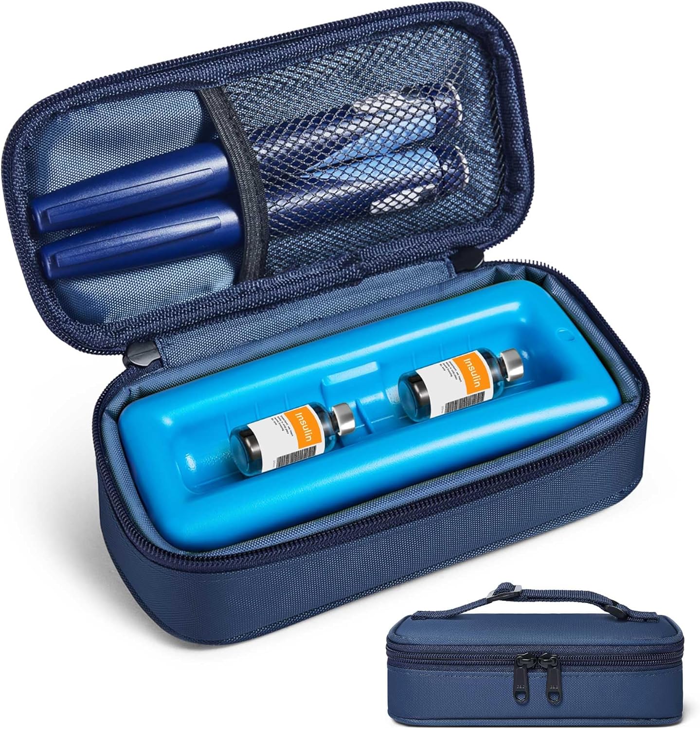 Insulin Vial Cooler Travel Case TSA Approved, 300g Reusable Ice Brick Insulin Pen Case Holds 2 Pens and 2 Vials, Long Lasting Medication Cooler for Travel Camping and Outdoor Activities (Blue)