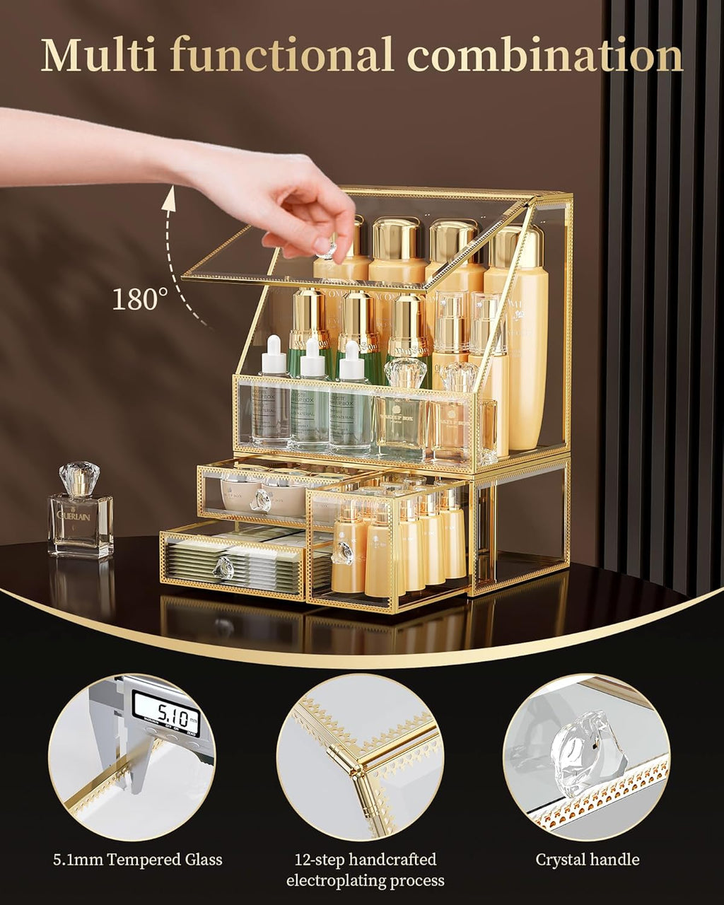 Tempered Glass Makeup Organizer – Clear Vanity Organizer with 18-Slot Lipstick Holder & Brush Organizer, Skincare and Perfume Storage for Dresser, Bathroom, and Countertop Use