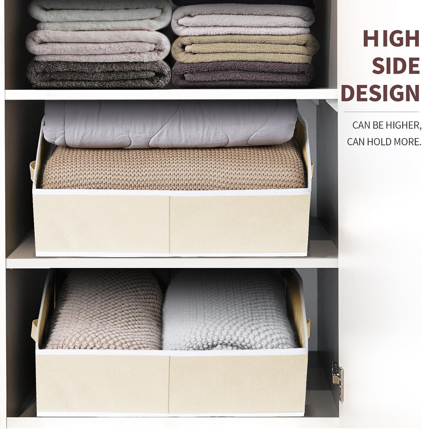 Cube Storage Organizer - Large Bins with Handle, Trapezoid Organizing Baskets for Shelves, Decorative Storage Baskets for Clothes, Blankets, Books, 4 Pack, Beige