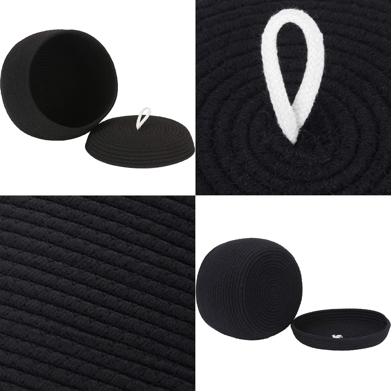 Sea Team Round Cotton Rope Storage Basket with Lid, Decorative Woven Storage Bin, Pot, Caddy, Organizer, Container for Snacks, Towels, Plants, 10 x 7.5 Inches (Small, Black)