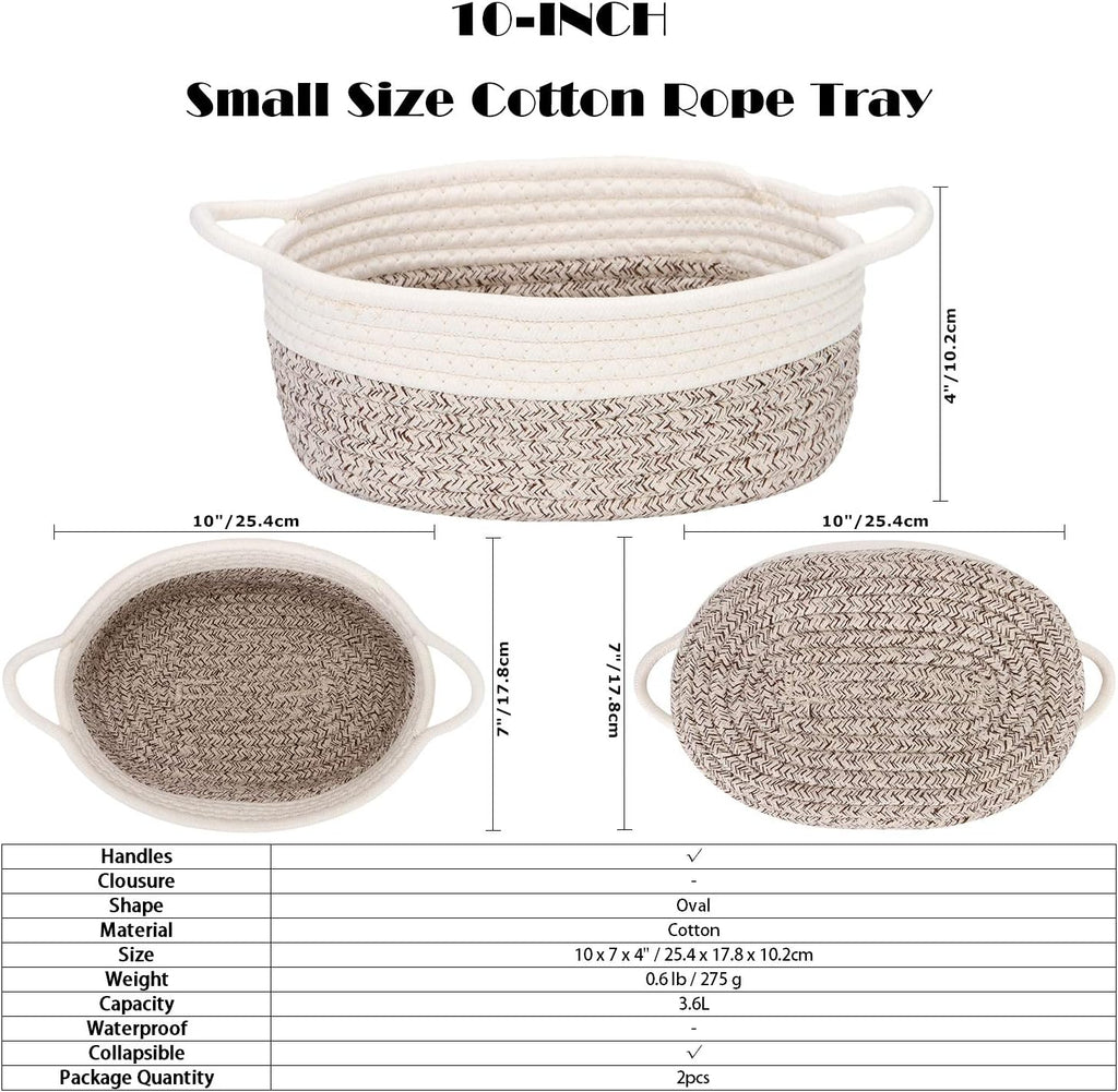 Sea Team 2-Pack Cotton Rope Baskets, 10 x 7 x 4 Inches Small Woven Storage Basket, Fabric Tray, Bowl, Oval Open Dish for Fruits, Jewelry, Keys, Sewing Kits (Mottled Brown & White)