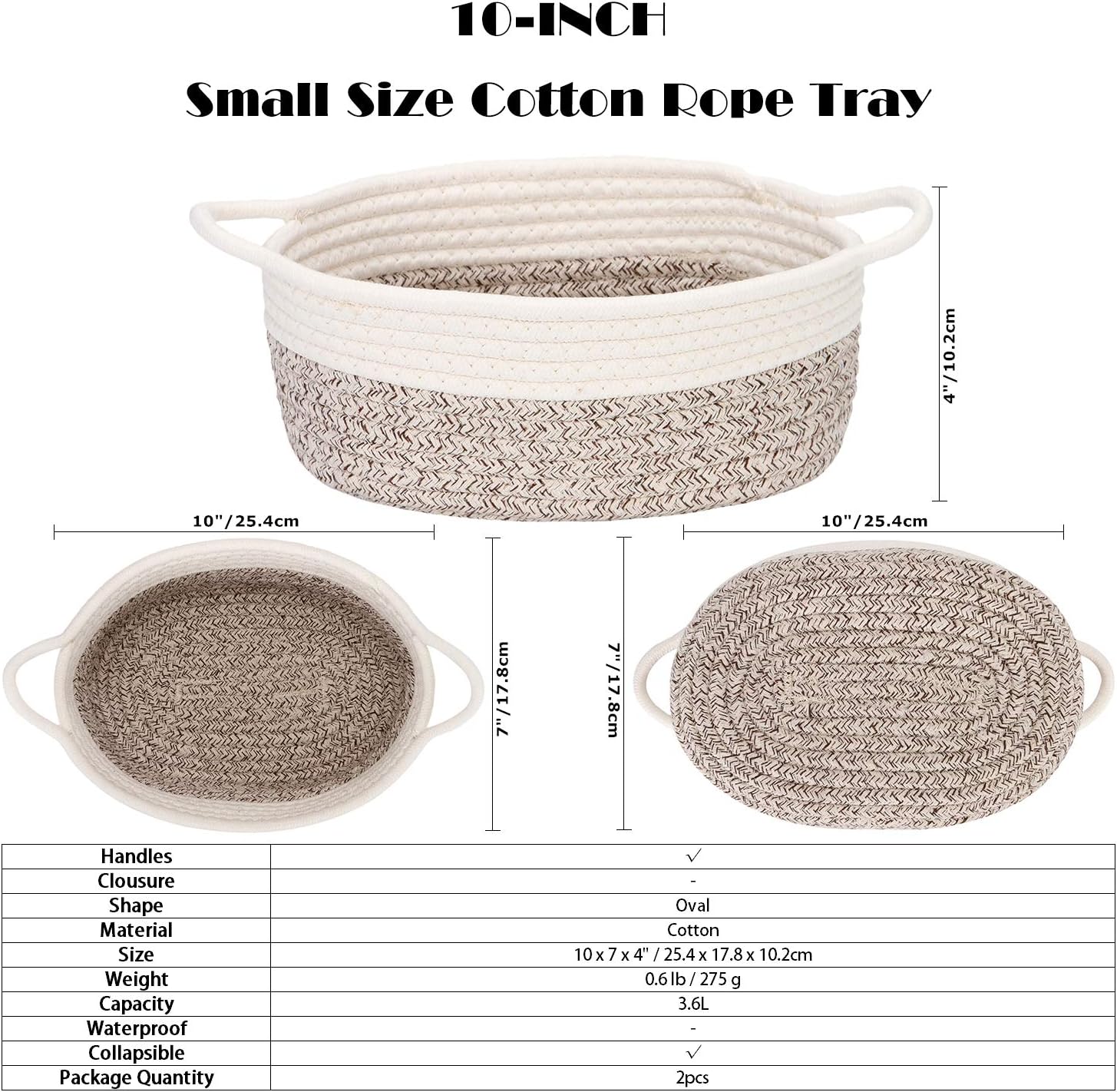 Sea Team 2-Pack Cotton Rope Baskets, 10 x 7 x 4 Inches Small Woven Storage Basket, Fabric Tray, Bowl, Oval Open Dish for Fruits, Jewelry, Keys, Sewing Kits (Mottled Brown & White)