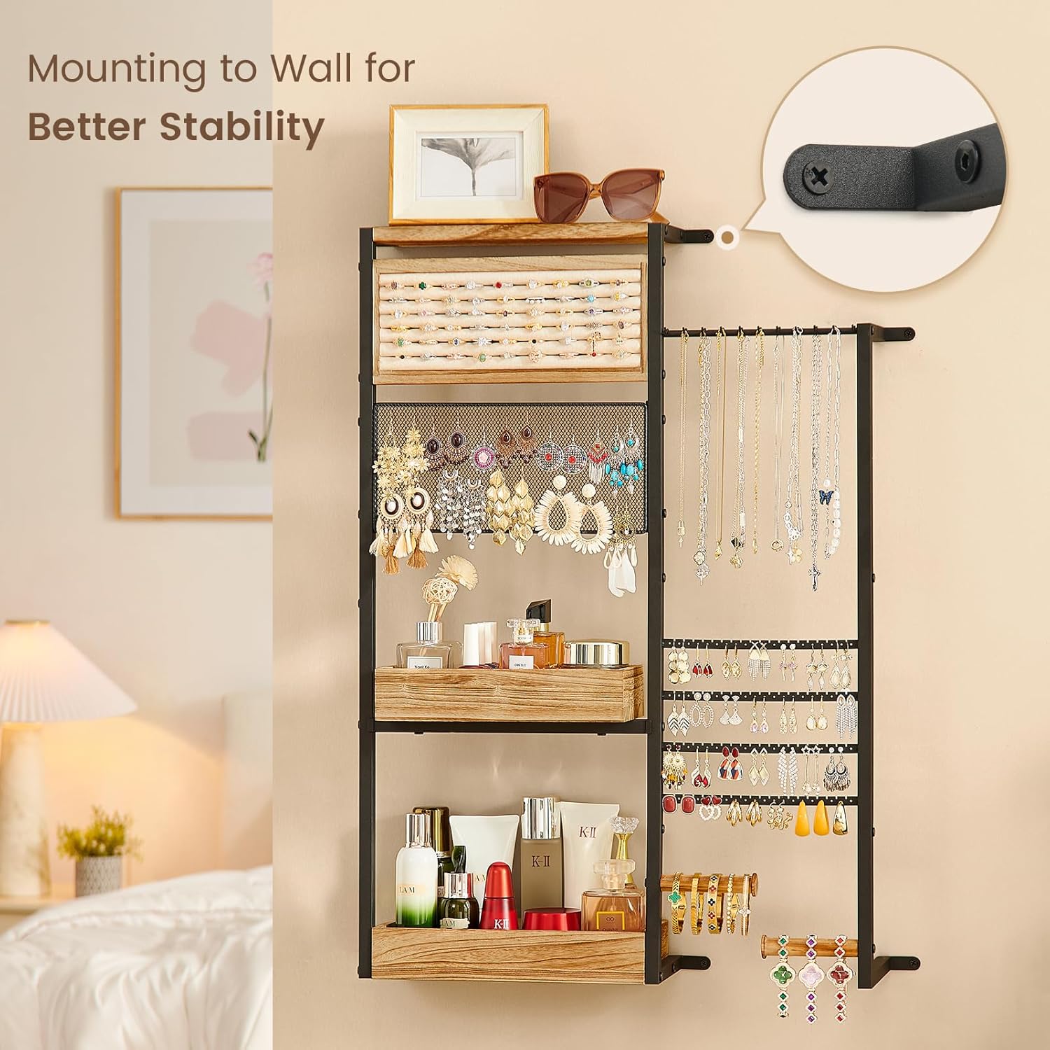 Pinzoveco Hanging Jewelry Organizer Wall Mounted, Large Hanging Jewelry Organizer Holder for Necklaces,Bracelest,Earrings,Rings,Watched,Makeup & Perfume (Black)