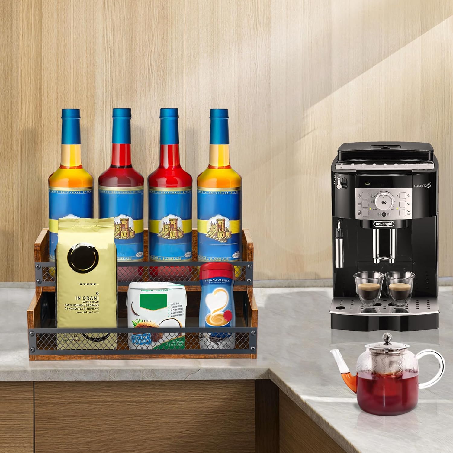 Liquor Bottle Display Shelf, Coffee Syrup Rack Organizer, 2 Step Countertop Liquor Wine Rack, 8 Bottles Coffee Station Organizer with Fences & Handles, Home Retro Bar Shelf Stand for Liquor Whiskey