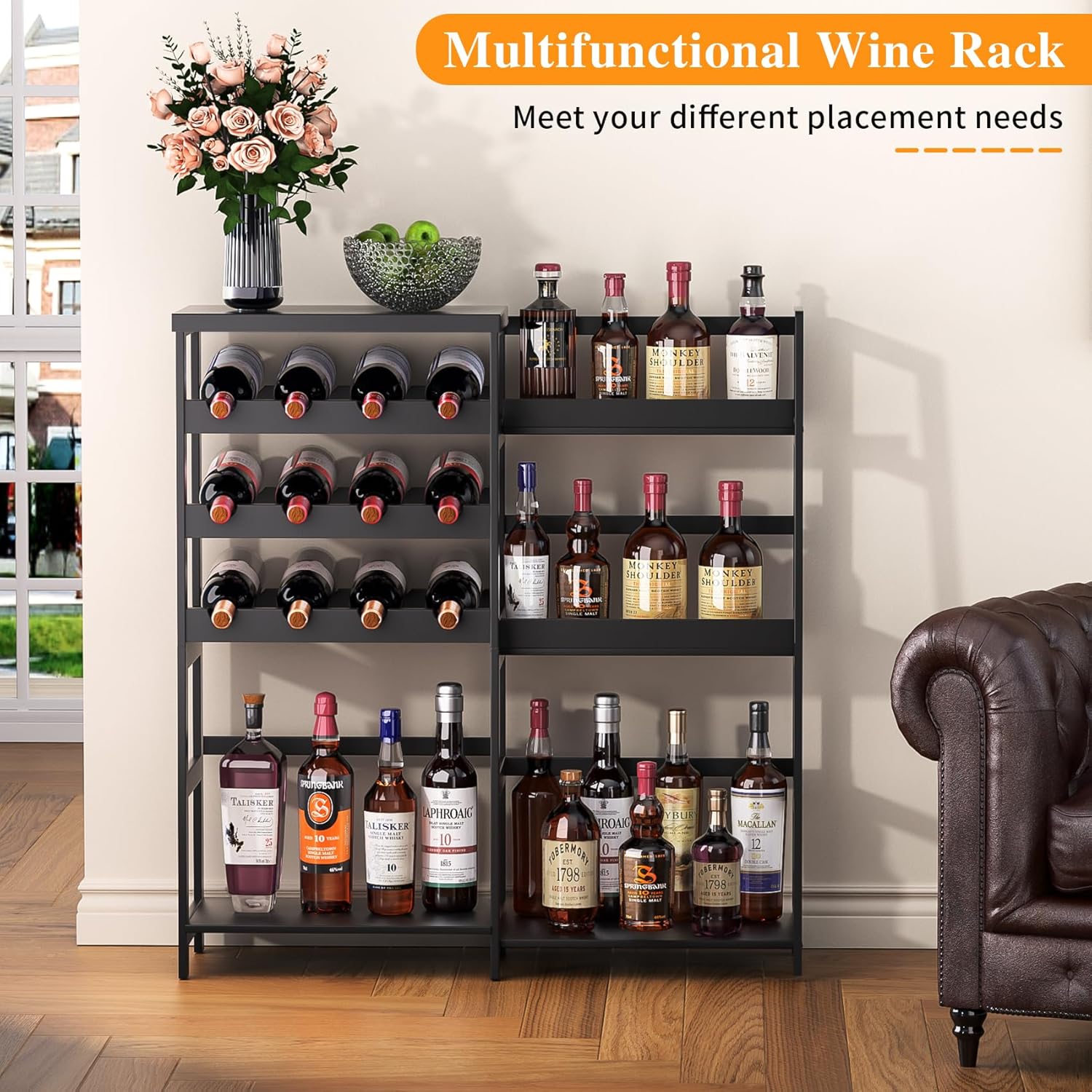 VASMIA Versatile Liquor Stand for Home Bar, Wine Rack Freestanding Floor, Mini Bar Table with Bamboo Trapezoidal Liquor Bottle Display Shelf Cabinet for Living Room, Black
