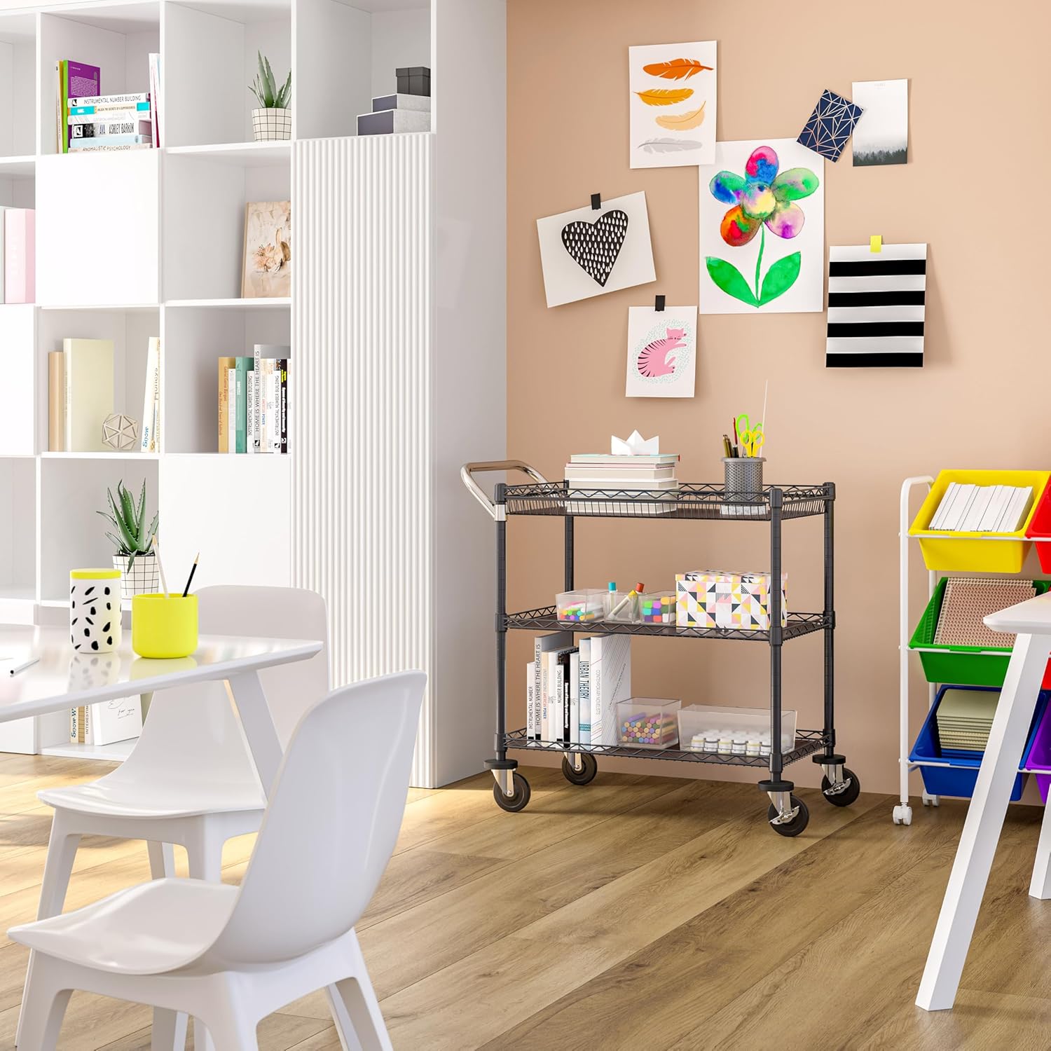 Seville Classics UltraDurable NSF Commercial Heavy Duty Metal Rolling Utility Cart, w/Steel Shelves, Handle Bar for Garage, Warehouse, Kitchen, Office, Deep Top Basket (34.75" W x 20.25" D), Graphite