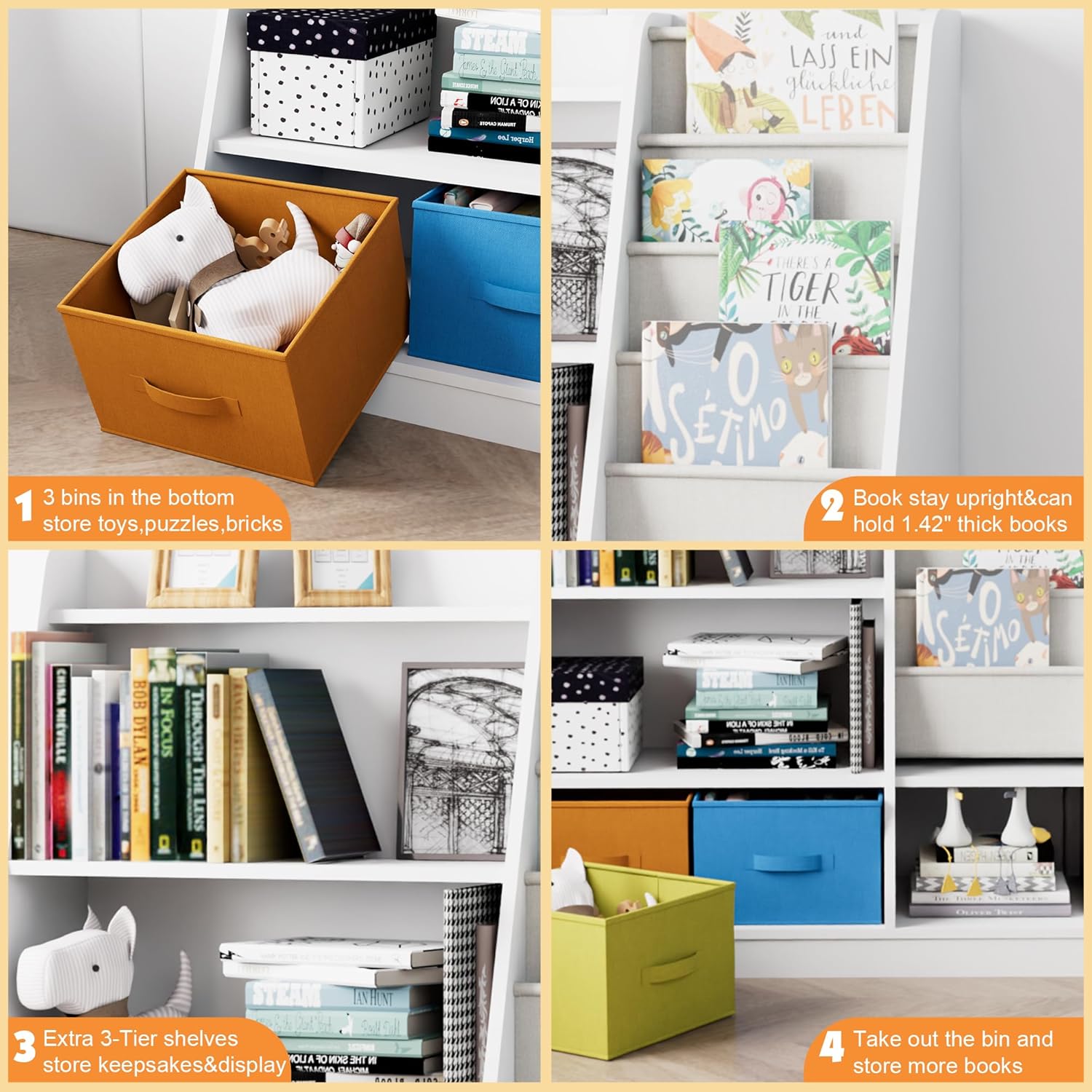 Kids Bookshelf Wood Montessori Toy Storage Organizer Cabinet Shelf Child Bookcase Toddler Baby Sling Book Rack 3 Cube Bin Fabric Drawers for Playroom Bedroom Nursery School