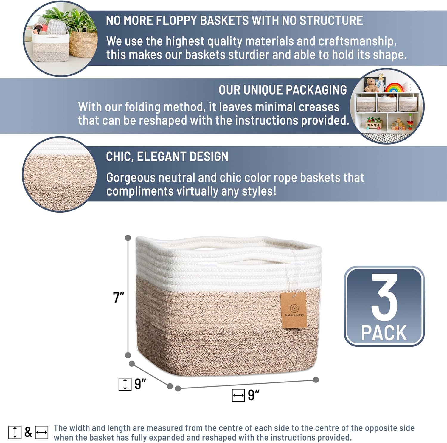 NaturalCozy Storage Cubes 9”x9”x7”Cotton Rope Woven Baskets for Organizing 3-Pack | 9 Inch Cube Storage Bin | Small Basket for Shelf Nursery, Pantry, Decorative Plant, Bathroom Closet, Toy Gift