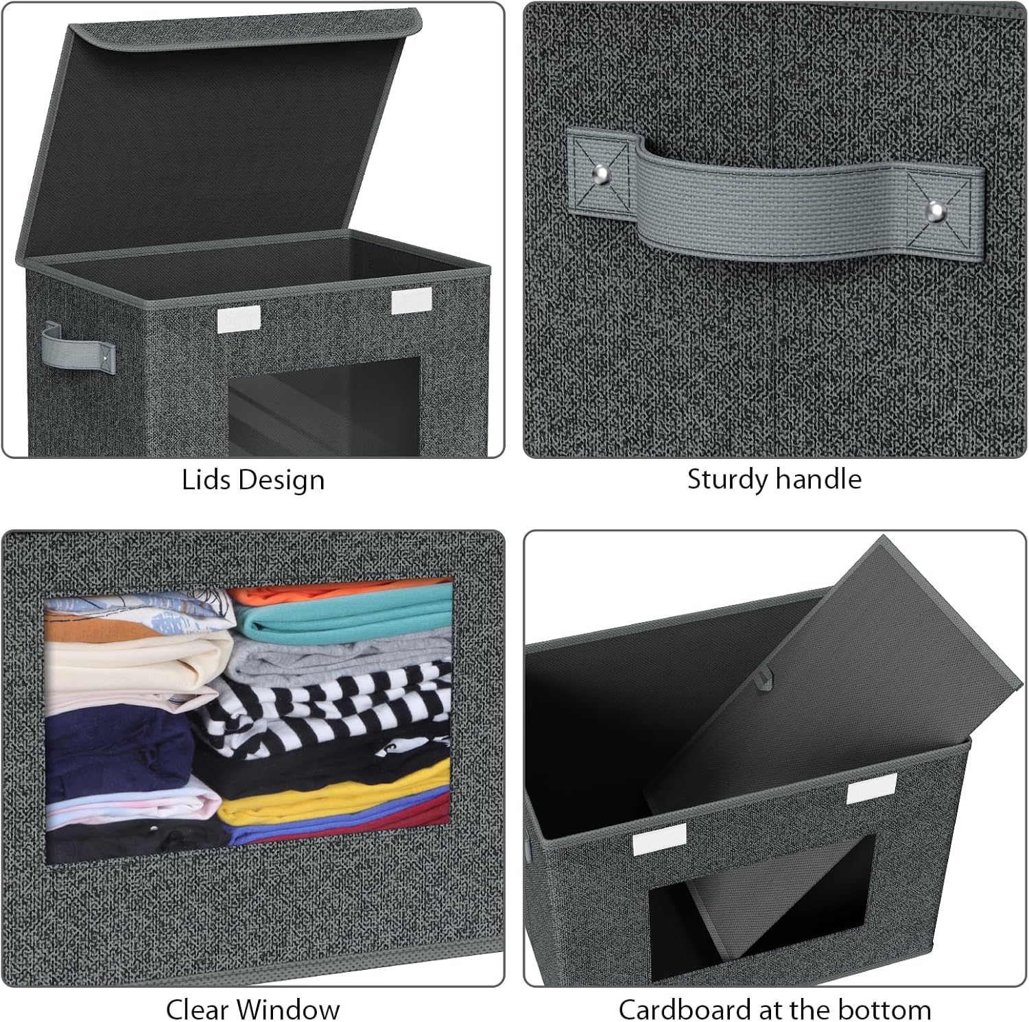 Univivi Fabric Foldable Storage Boxes with Lids [4-Pack] Large Stackable Storage Bins, Closet Organizers and Storage Cube Storage Organizer for Home, Office, Bedroom (Black, 17“ x 12” x 12")