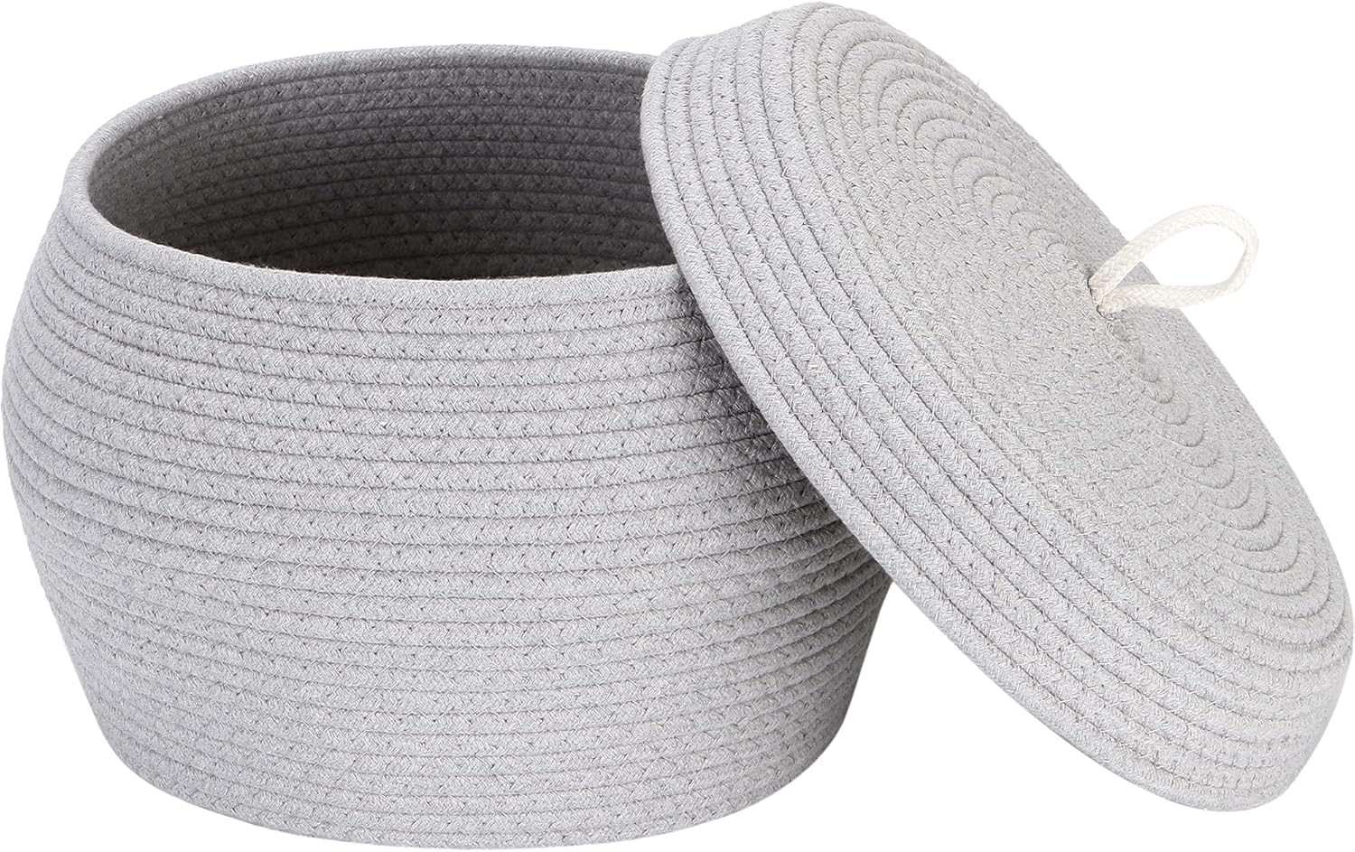 Sea Team Round Cotton Rope Storage Basket with Lid, Decorative Woven Storage Bin, Pot, Caddy, Organizer, Container for Snacks, Towels, Plants, 13 x 9 Inches (Large, Grey)