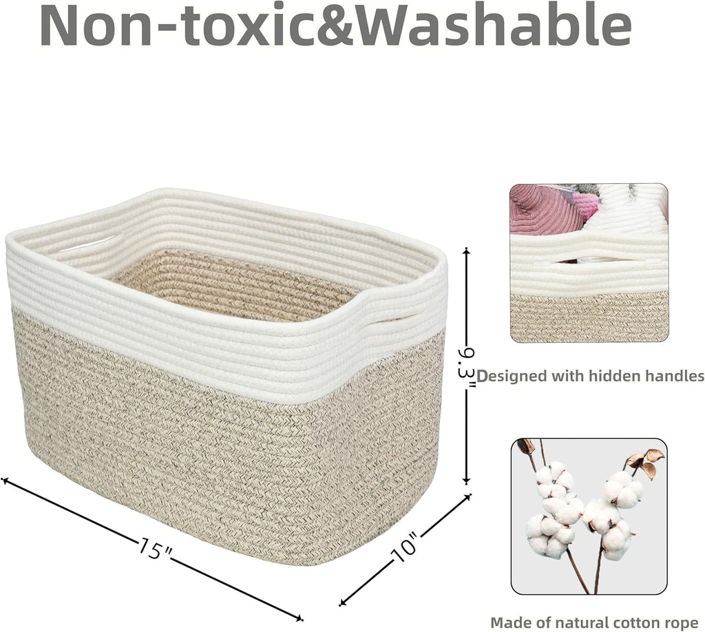Cotton Rope storage Basket Bins Woven Basket for Organizing Shelves 15X10X9.3" Rectangle Decorative Baskets For storage Clothes Toys Books Towels Nursery basket organizer 3 pack white and brown