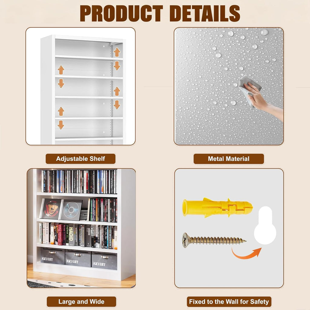 7 Tier DVD Storage Cabinets, Metal CD Storage Rack with Adjustable Shelves, Comic Book Storage Shelf, DVD Case Media Cabinet for Living Room, Media Room, & Home Theater (White)