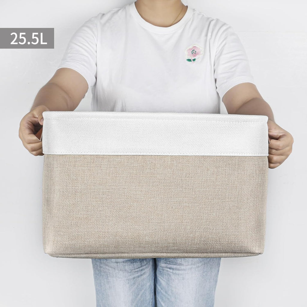 Storage Bins Large Fabric Storage Baskets for Shelves 3 Pack, Decorative Linen Closet Baskets with Handles for Organizing, Shelf, Clothes, Home, Office, 15x11x9.5Inches (Beige&White)