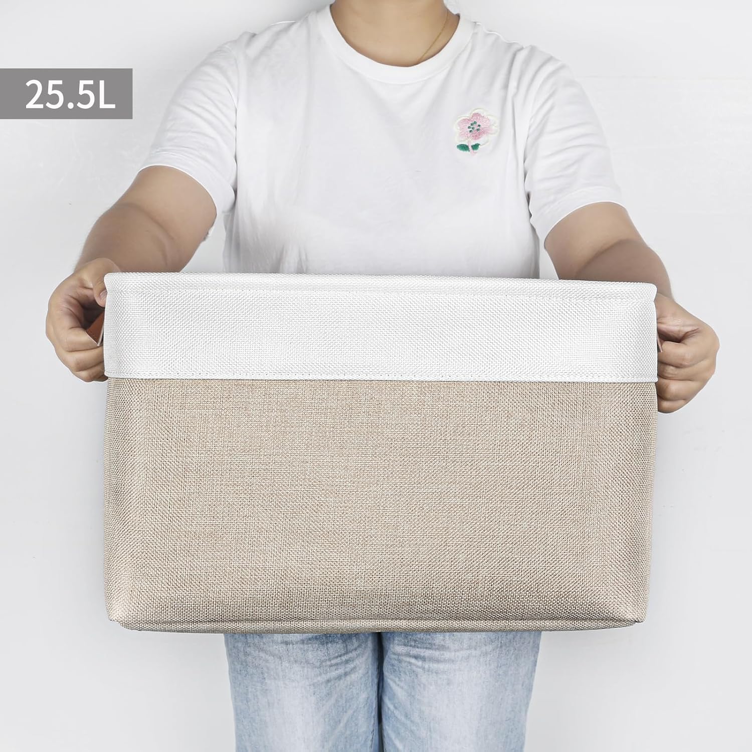 Storage Bins Large Fabric Storage Baskets for Shelves 3 Pack, Decorative Linen Closet Baskets with Handles for Organizing, Shelf, Clothes, Home, Office, 15x11x9.5Inches (Beige&White)