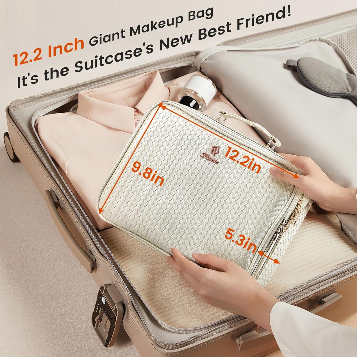 Makeup Bag with LED Lighted Mirror 12.2 IN Travel Double Layer Makeup Case Adjustable Brightness in 3 Colors Cosmetic Organizer Artist Storage with Dividers Brush Holder Vanity Beige