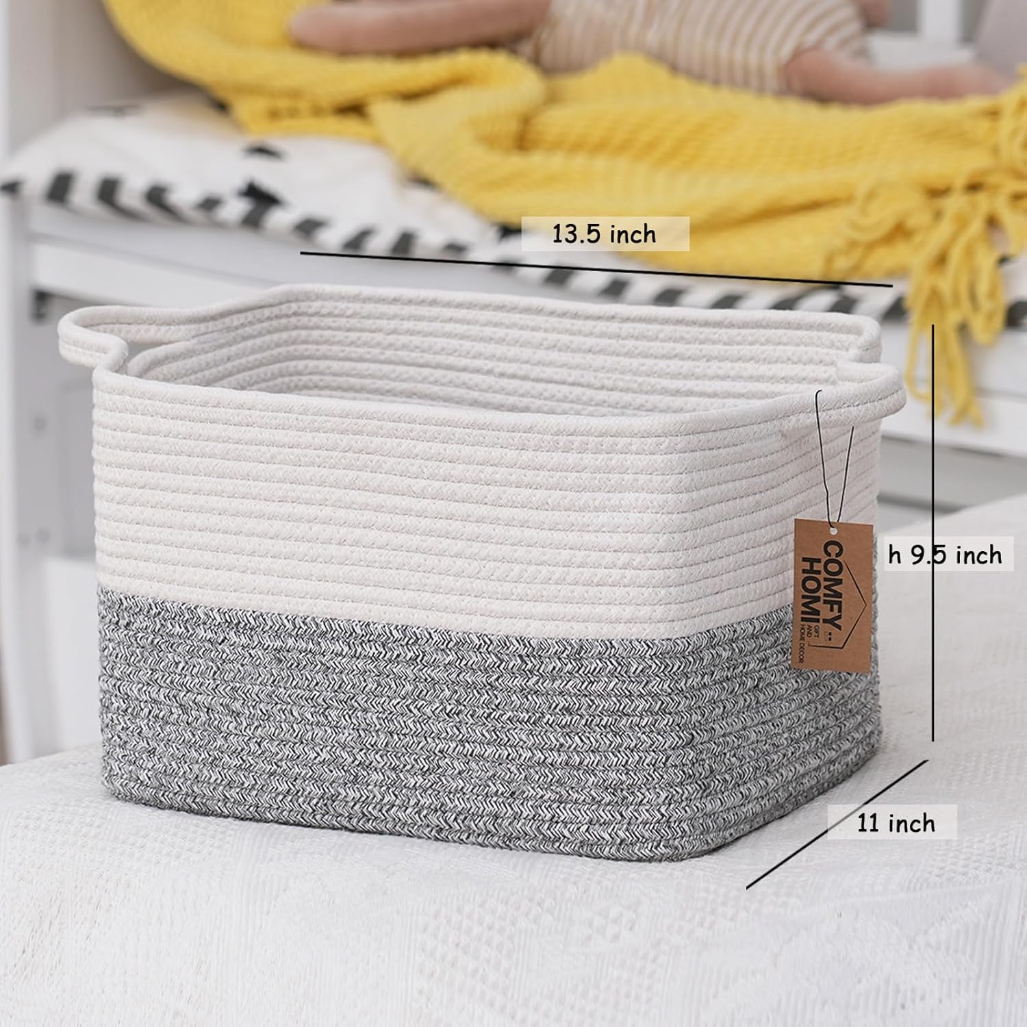 COMFY-HOMI 3-Pack Cotton Rope Woven Rectangular Basket with Handles for Organizing, 13.5" x 11" x 9.5", White/Grey