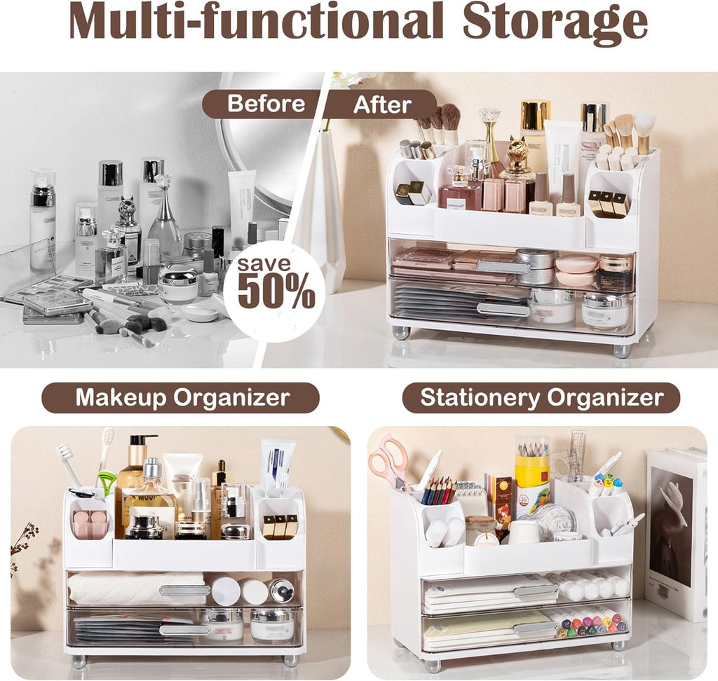 Large Makeup Organizers Countertop for Vanity, Bathroom Make Up Storage with Brush Holder, Cosmetic Display Case with 2 Drawers for Skincare,Lipstick (Cream White)