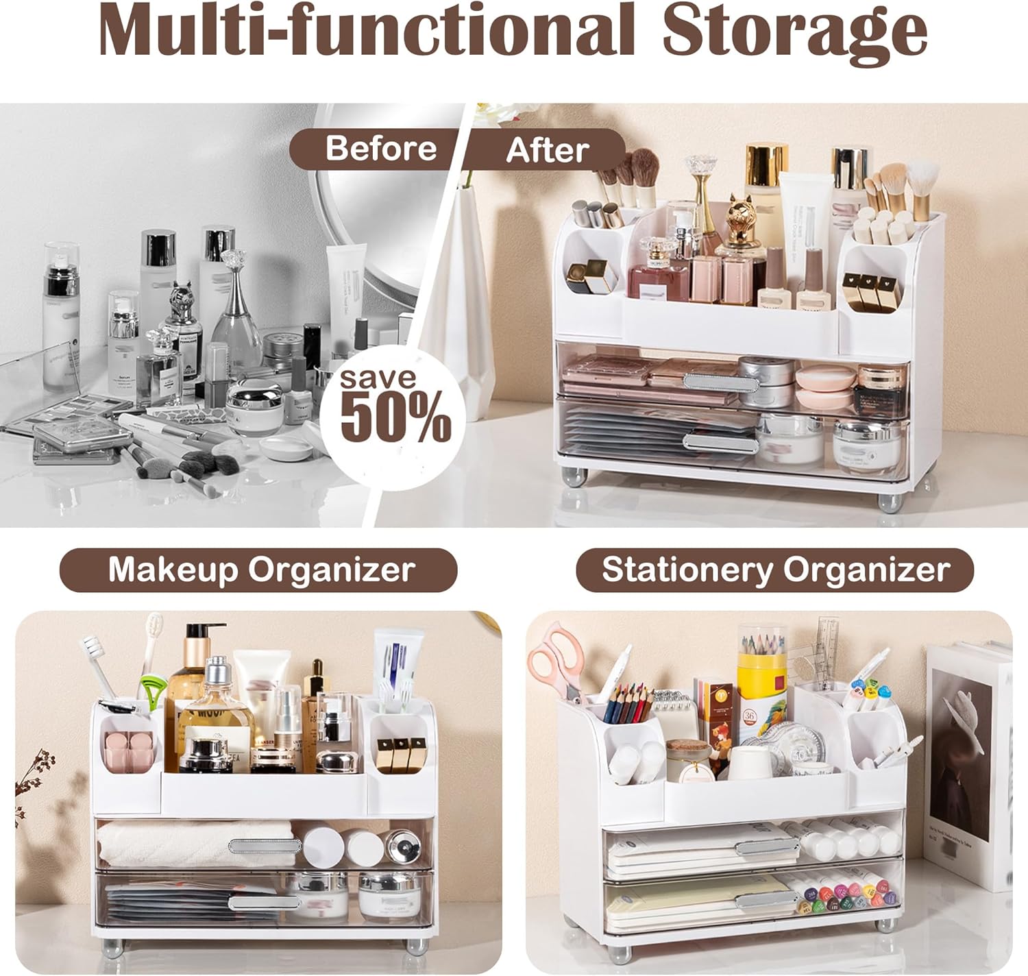 Large Makeup Organizers Countertop for Vanity, Bathroom Make Up Storage with Brush Holder, Cosmetic Display Case with 2 Drawers for Skincare,Lipstick (Cream White)