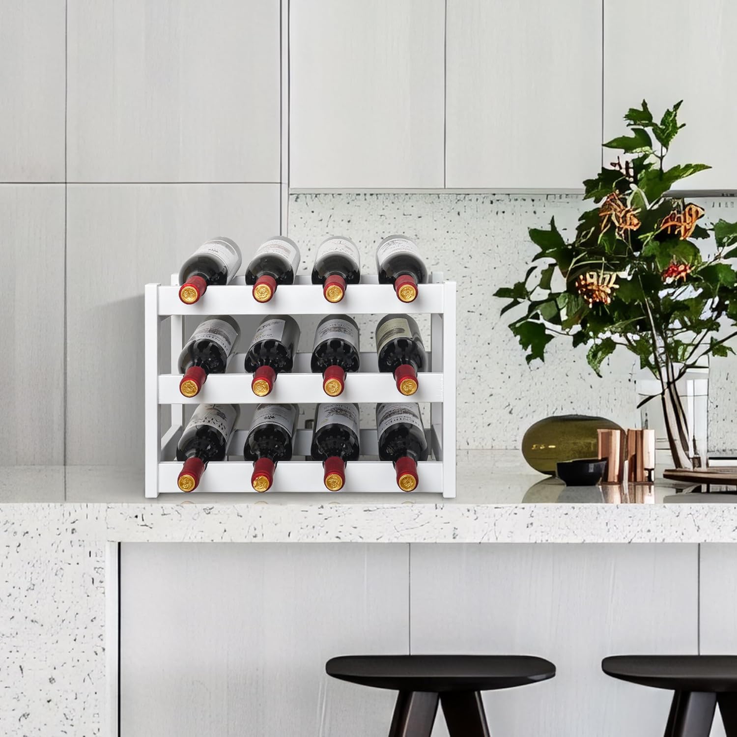 VASMIA Bamboo Wine Rack, Sturdy and Durable Wine Storage Cabinet Shelf, Wine Racks Countertop for Pantry,Kitchen,3-Tier 12 Bottles Wine Rack White